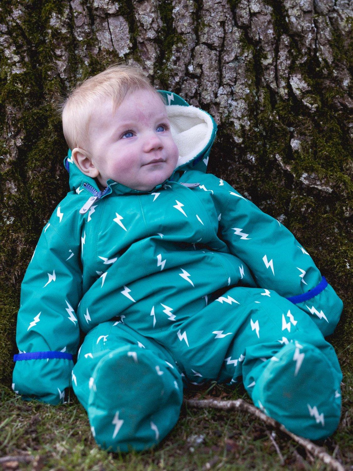Product image 6 of 10, which shows Muddy Puddles Baby Hooded Scampsuit, Green Bolt, 0-6 months