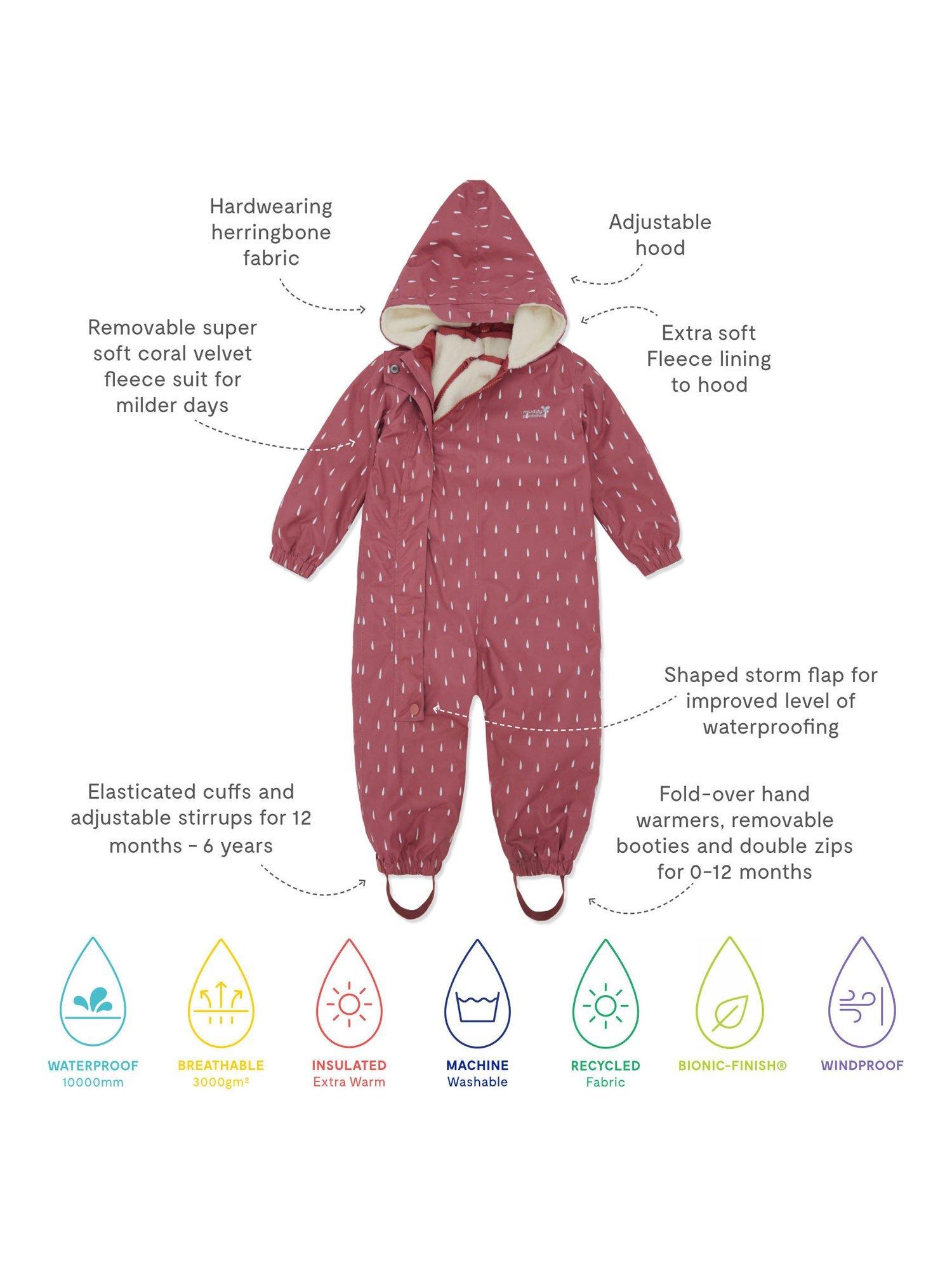 Product image 5 of 9, which shows Muddy Puddles Kids' Hooded 3-in-1 Scampsuit, Pink Drops, 0-6 months