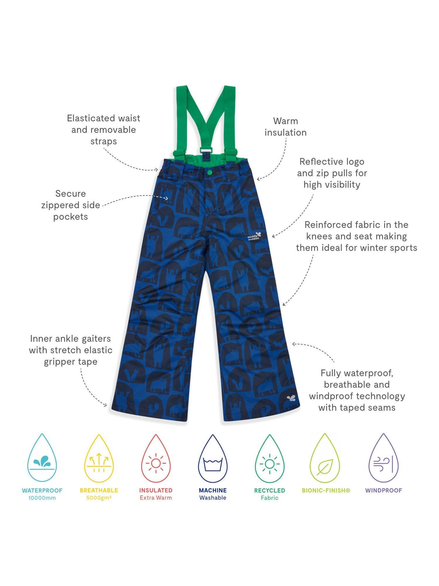 Product image 3 of 5, which shows Muddy Puddles Kids' Printed Ski Salopettes, Blue Cave, 18-24 months