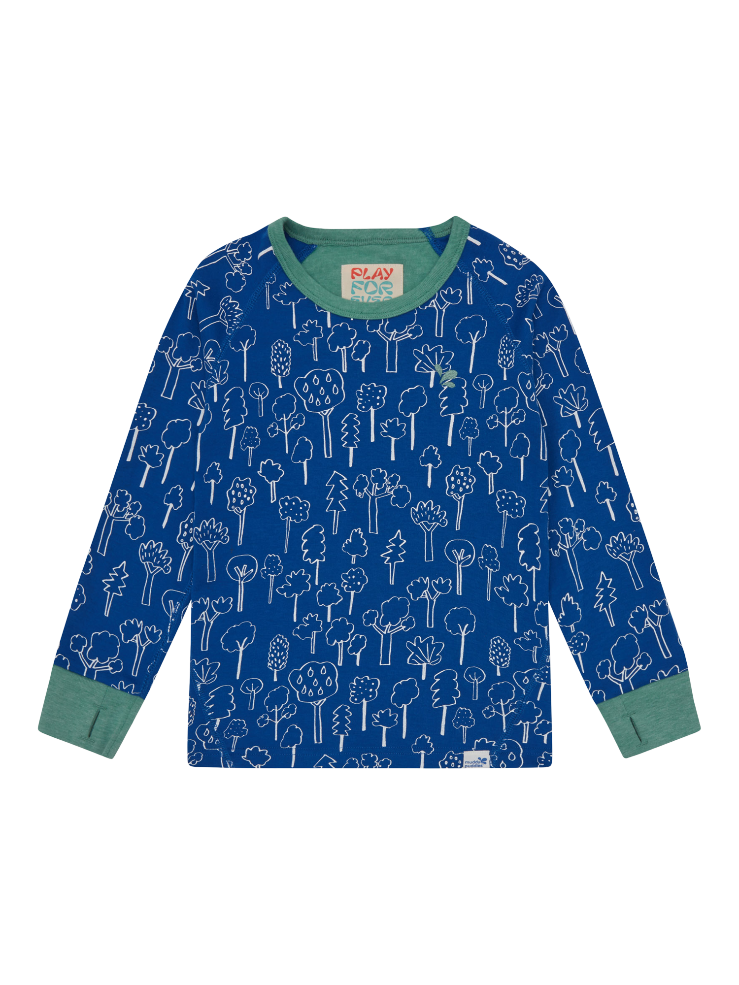 Product image 1 of 3, which shows Muddy Puddles Kids' Forest Thermal Baselayer Top, Blue Forest, 2-3 years