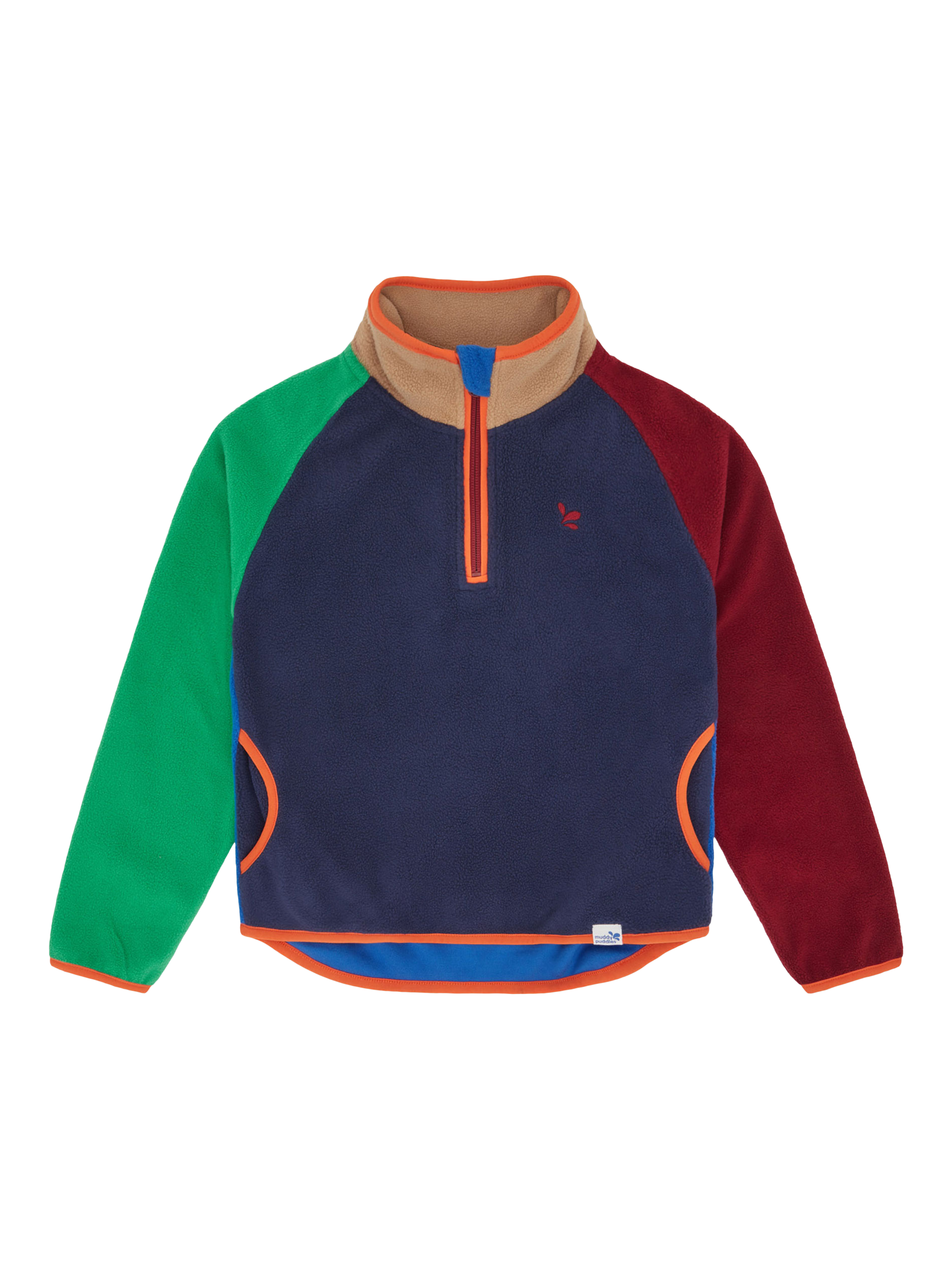 Product image 1 of 4, which shows Muddy Puddles Kids' Polar Fleece Colour Block Top, Navy/Multi, 18-24 months