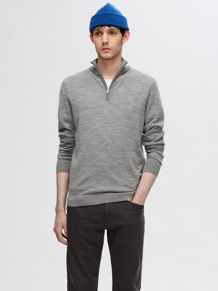 Selected Tray Half-Zip Merino Wool Jumper, Medium Grey Melange, Medium Grey Melange