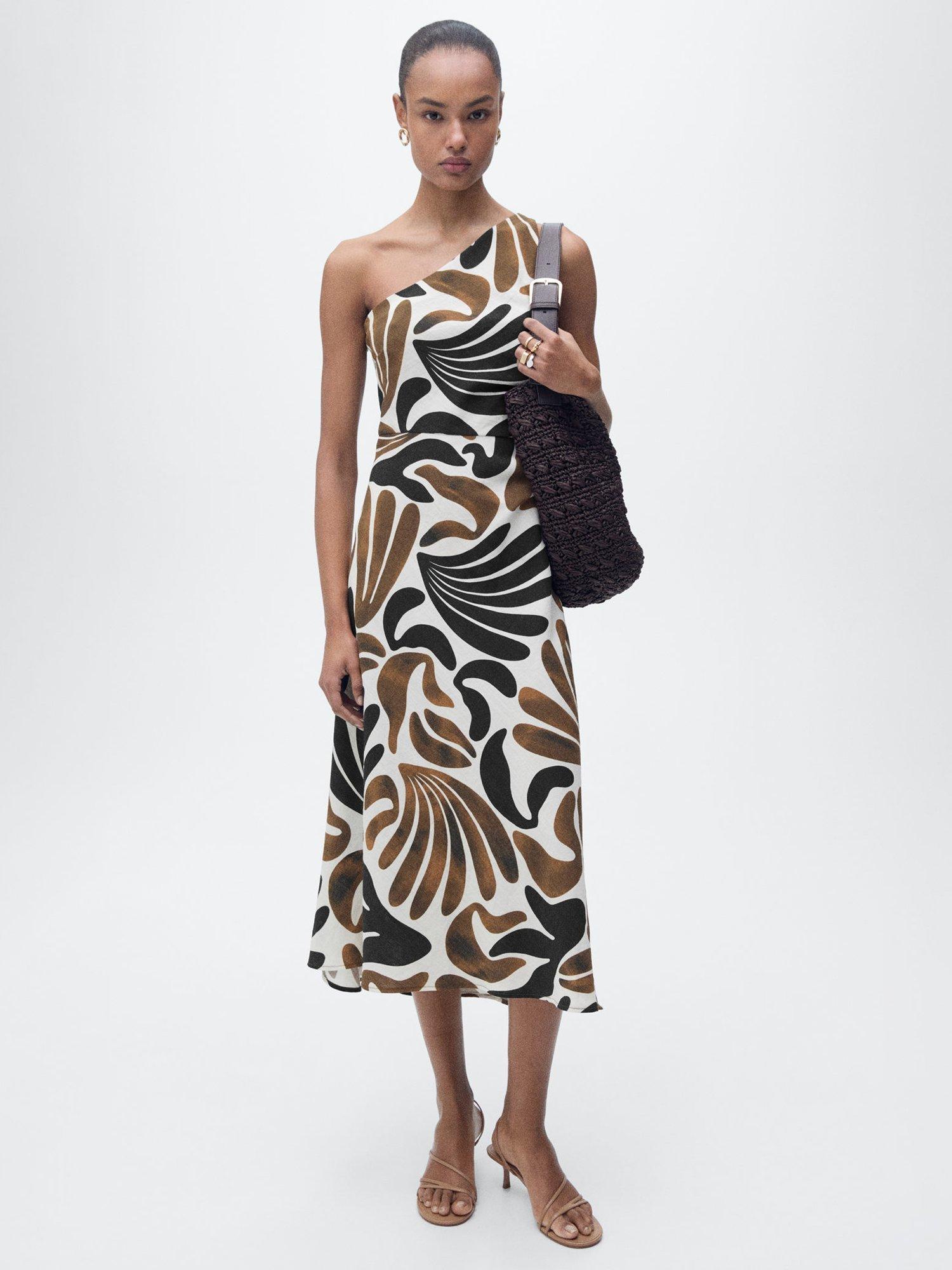 Product image 1 of 9, which shows Mango Nata Leaves One Shoulder Dress, Brown, 14