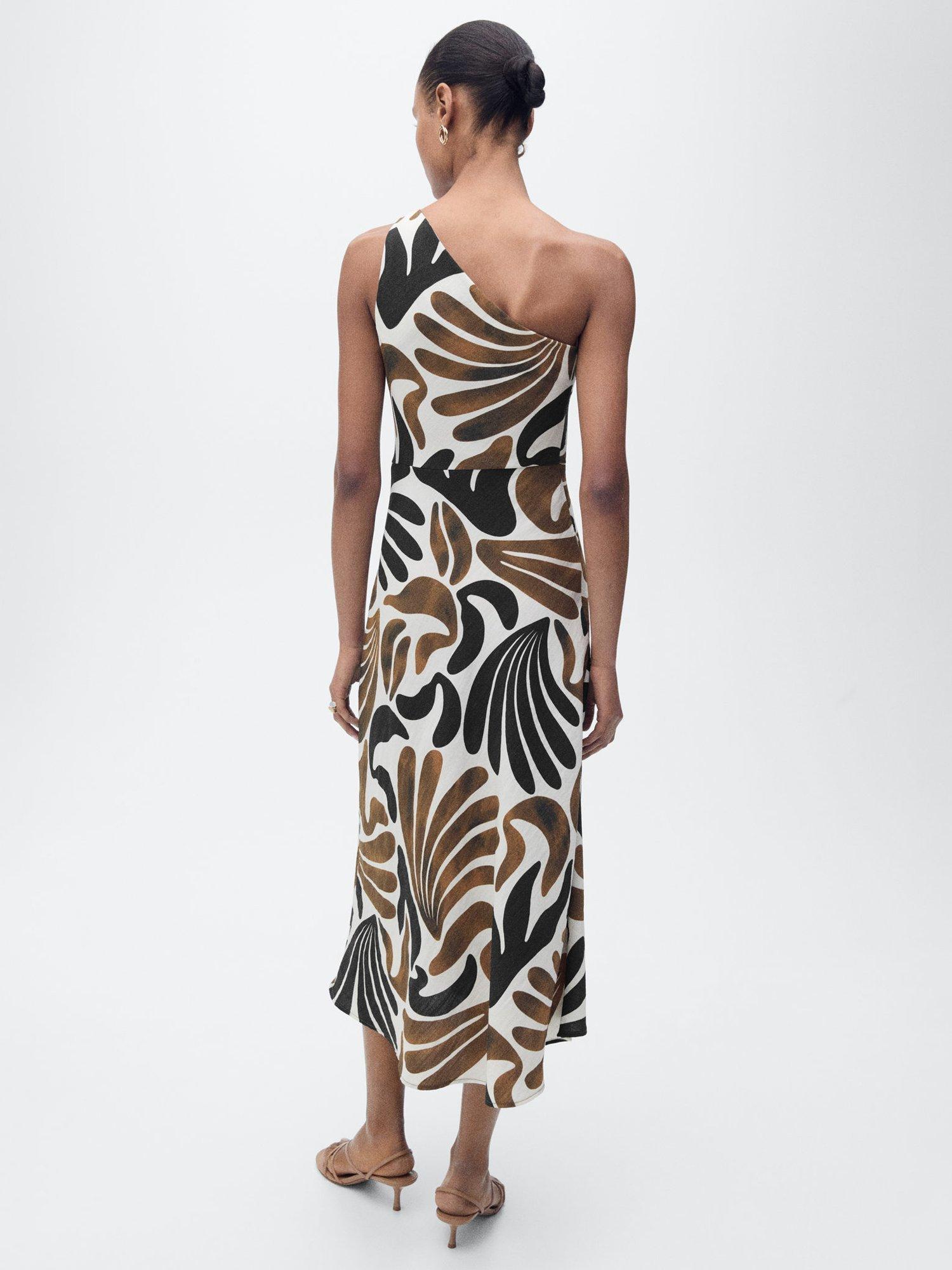 Product image 4 of 9, which shows Mango Nata Leaves One Shoulder Dress, Brown, 14