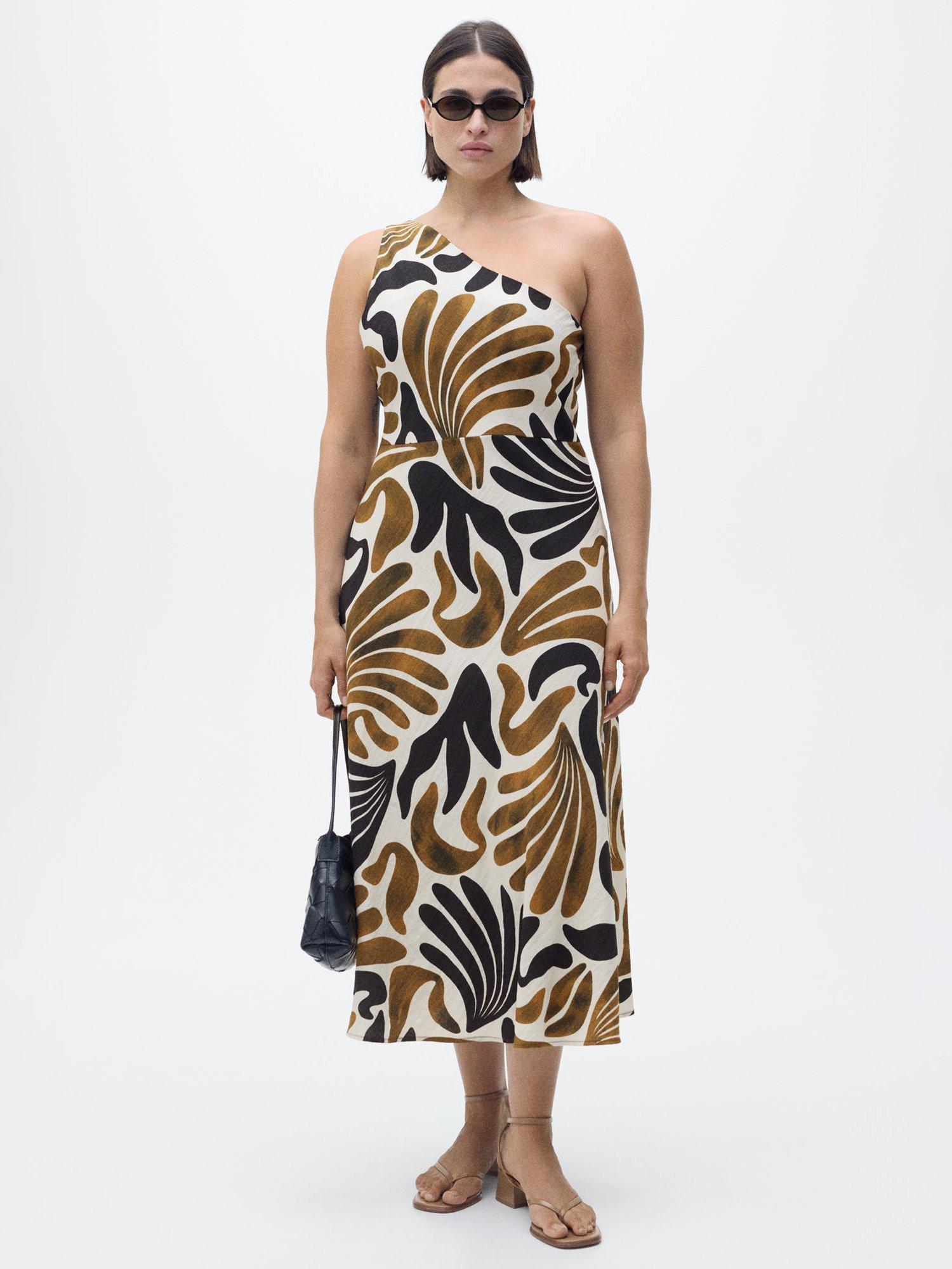 Product image 8 of 9, which shows Mango Nata Leaves One Shoulder Dress, Brown, 14