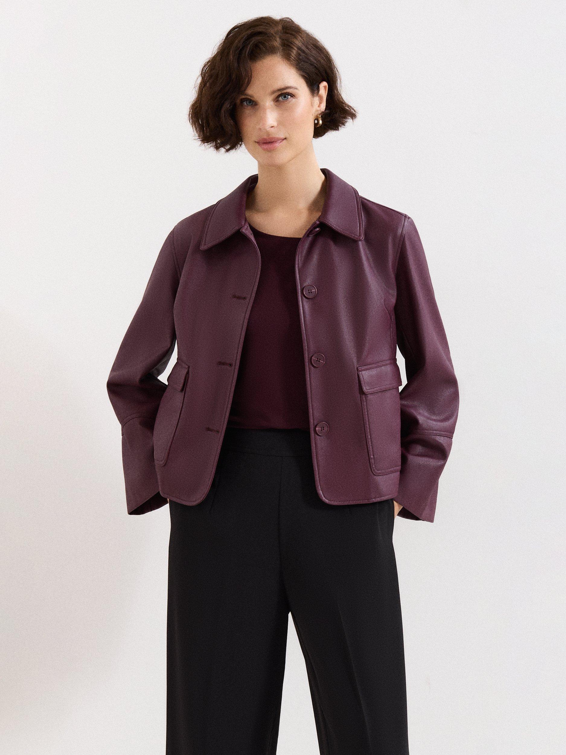Product image 1 of 9, which shows Phase Eight Malina Pleat Back Faux Leather Jacket, Burgundy, 12