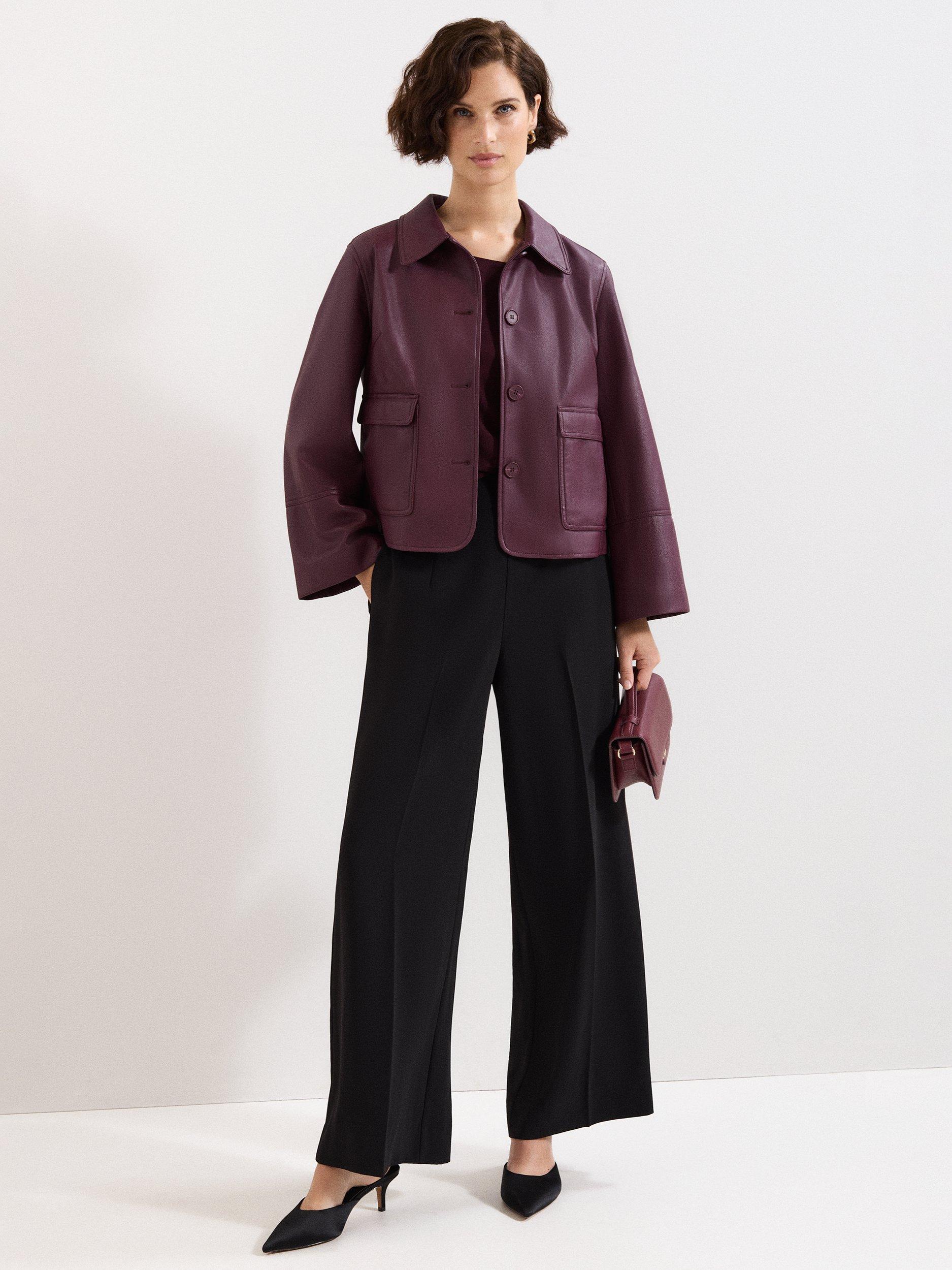 Product image 3 of 9, which shows Phase Eight Malina Pleat Back Faux Leather Jacket, Burgundy, 12