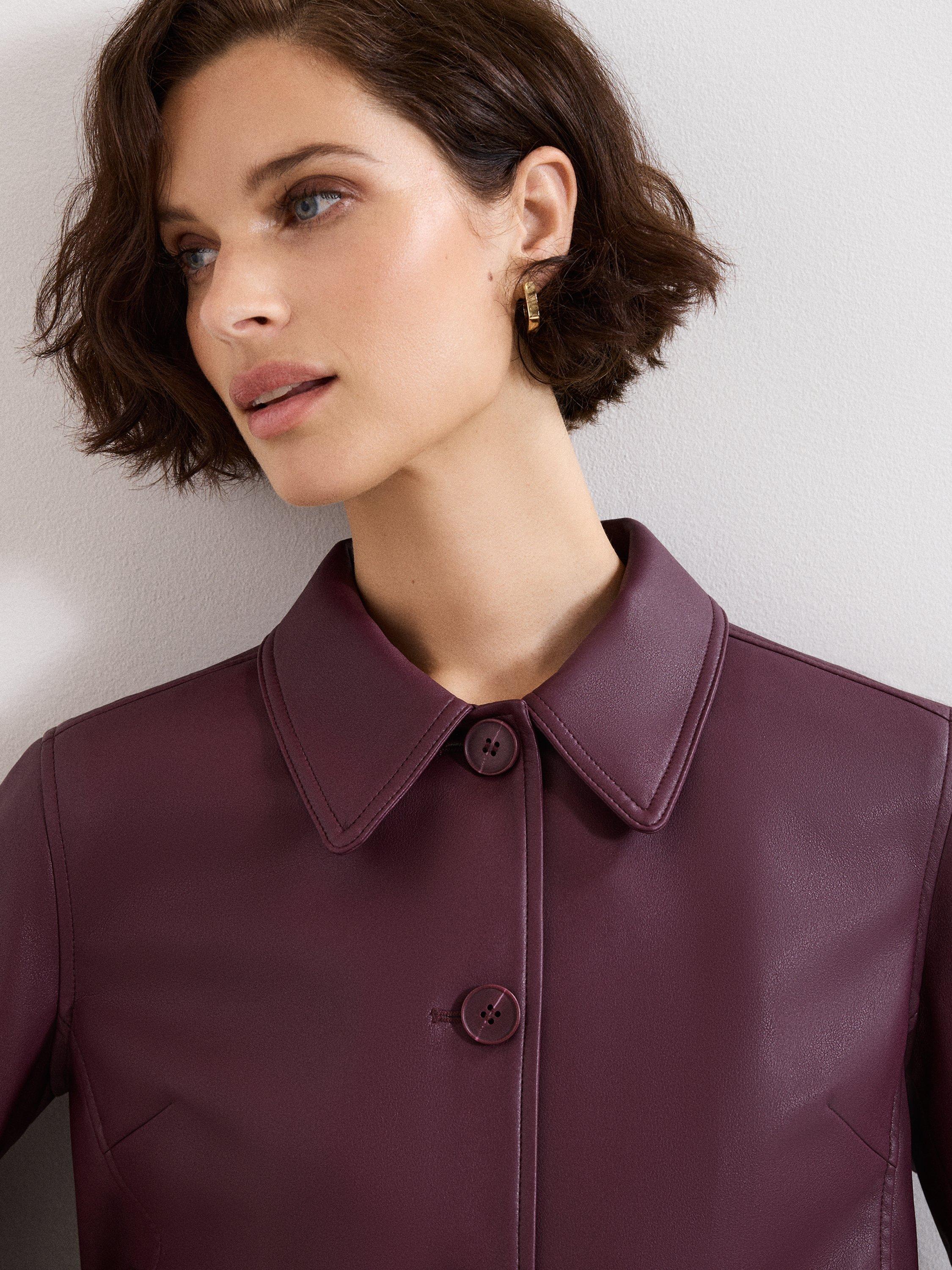 Product image 4 of 9, which shows Phase Eight Malina Pleat Back Faux Leather Jacket, Burgundy, 12