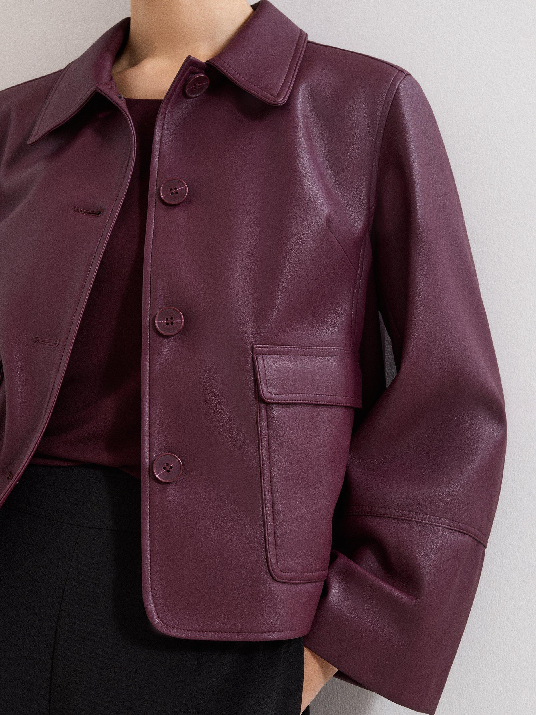 Product image 7 of 9, which shows Phase Eight Malina Pleat Back Faux Leather Jacket, Burgundy, 12