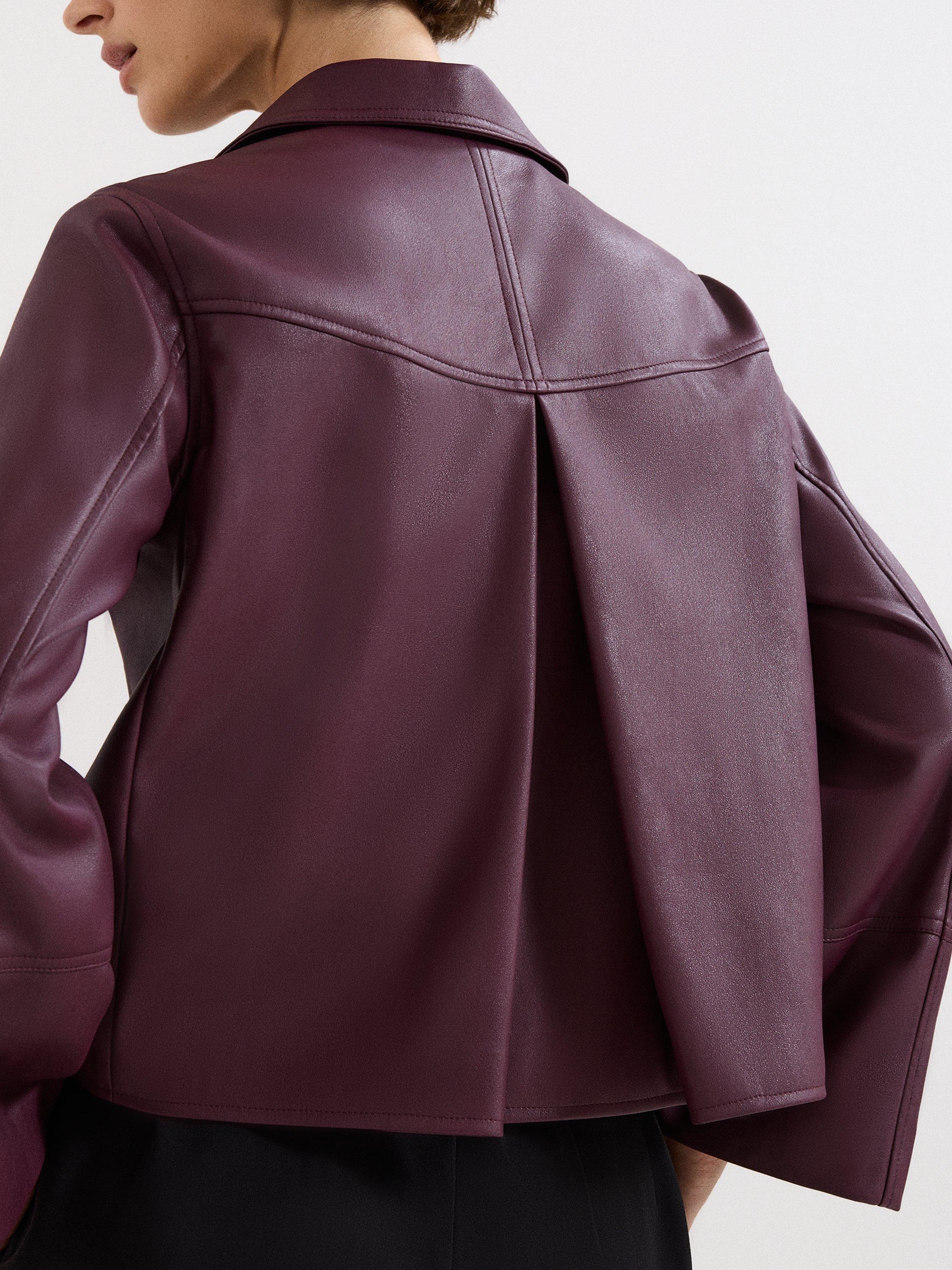 Product image 8 of 9, which shows Phase Eight Malina Pleat Back Faux Leather Jacket, Burgundy, 12