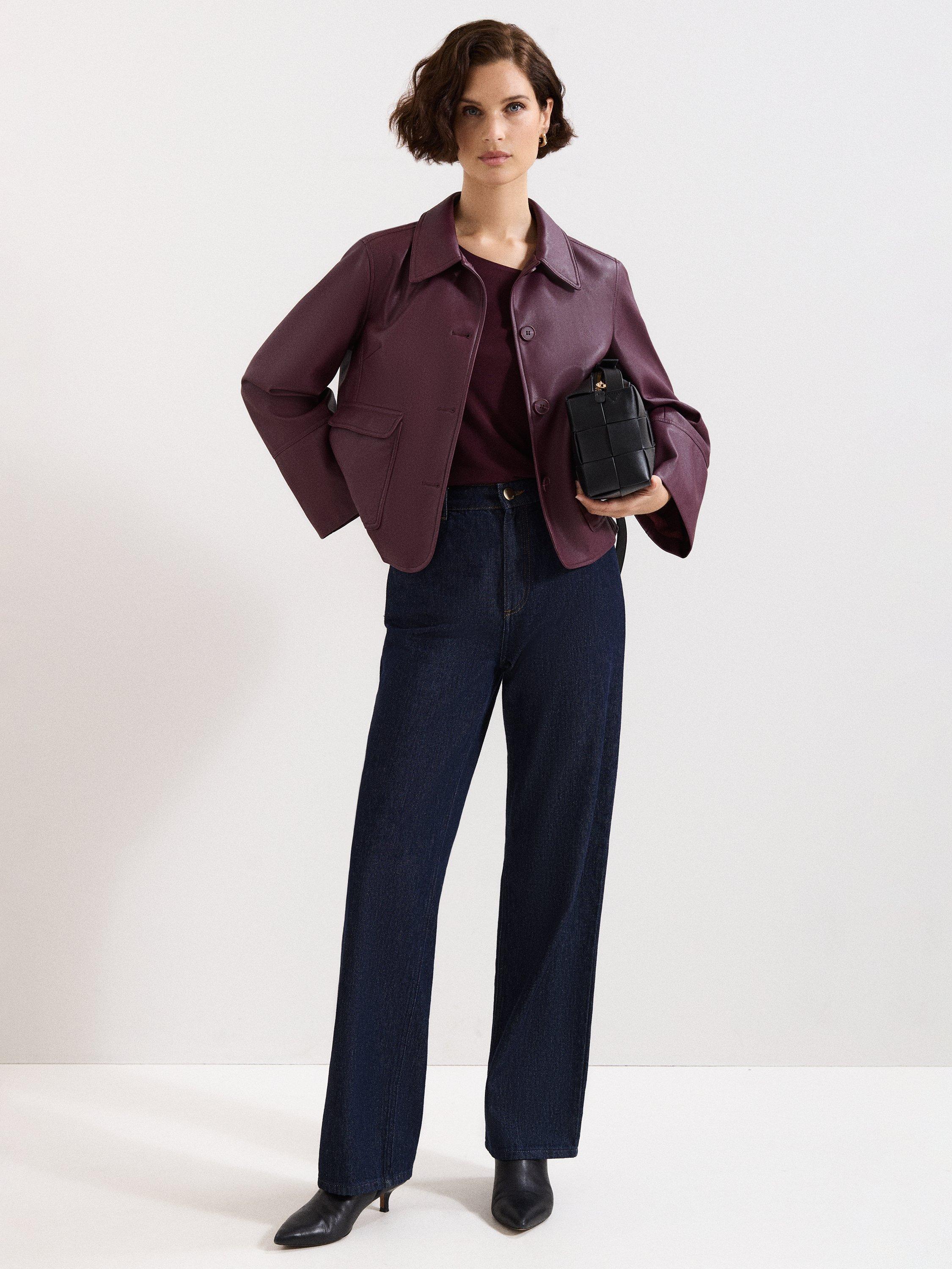 Product image 9 of 9, which shows Phase Eight Malina Pleat Back Faux Leather Jacket, Burgundy, 12