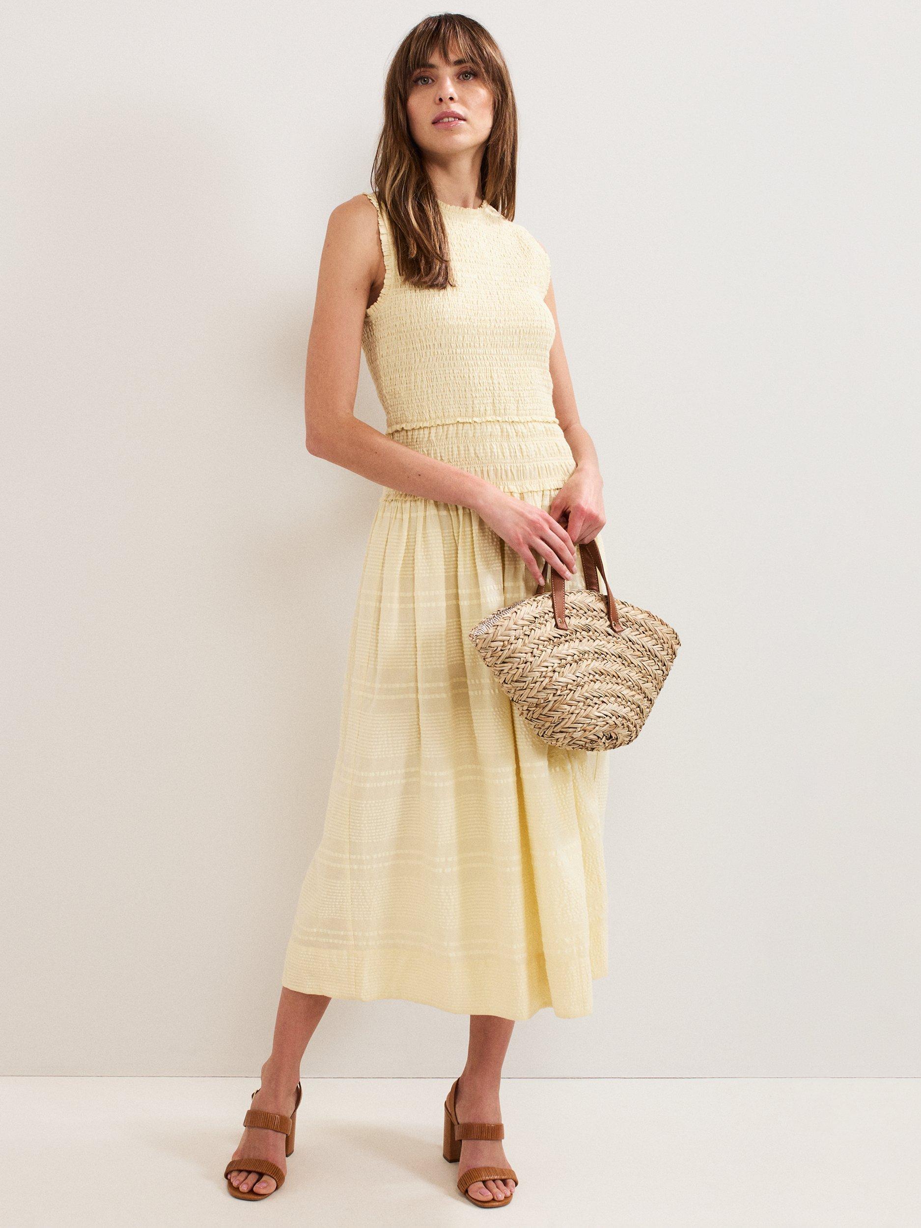 Product image 1 of 7, which shows Phase Eight Flared Sleeveless Midi Buttermilk Dress, Yellow, 10