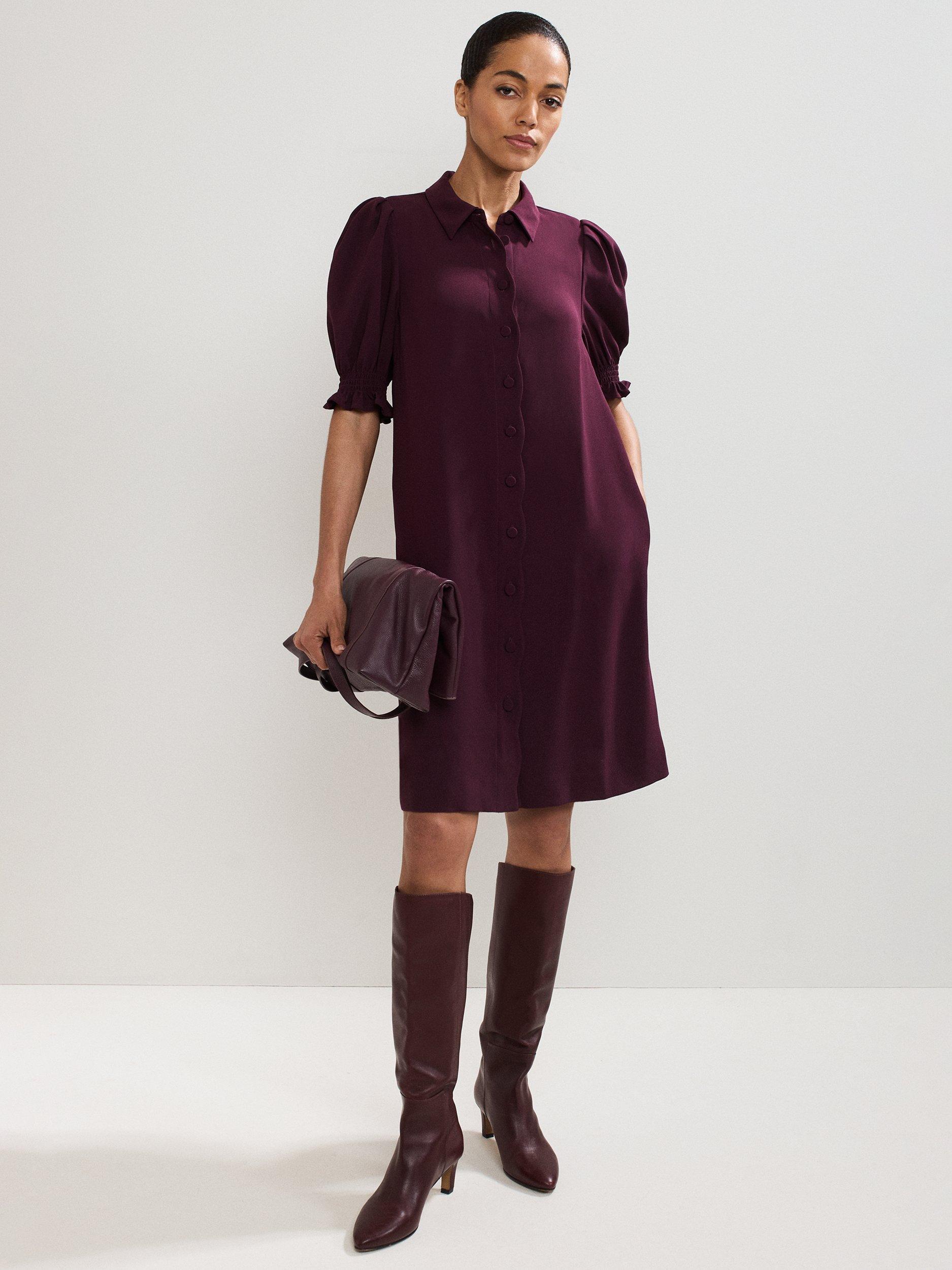 Product image 1 of 6, which shows Phase Eight Candice Scallop Shirt Dress, Burgundy, 6