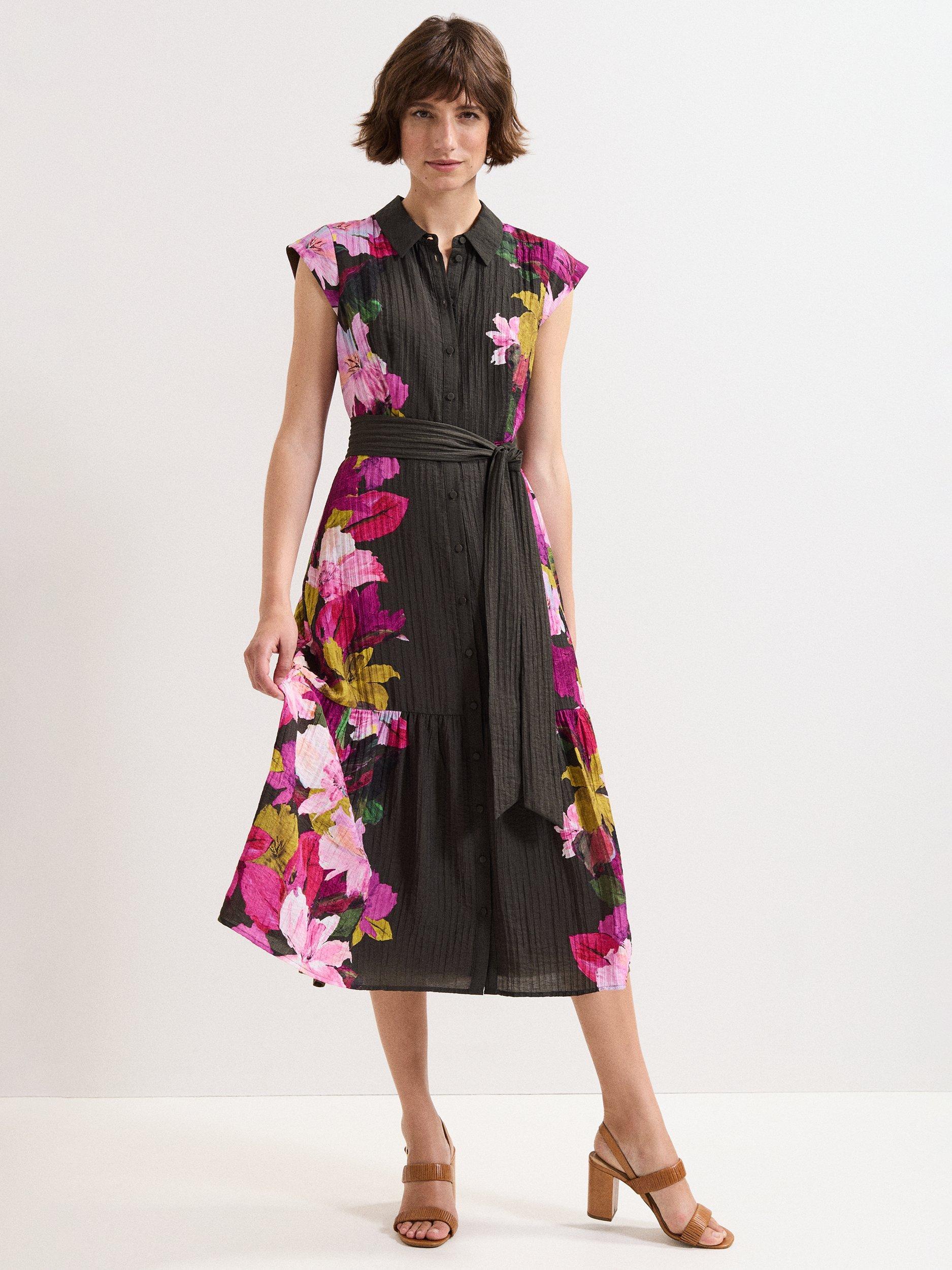 Product image 1 of 9, which shows Phase Eight Floral Tiered Robyn Midi Dress, Khaki/Multi, 10