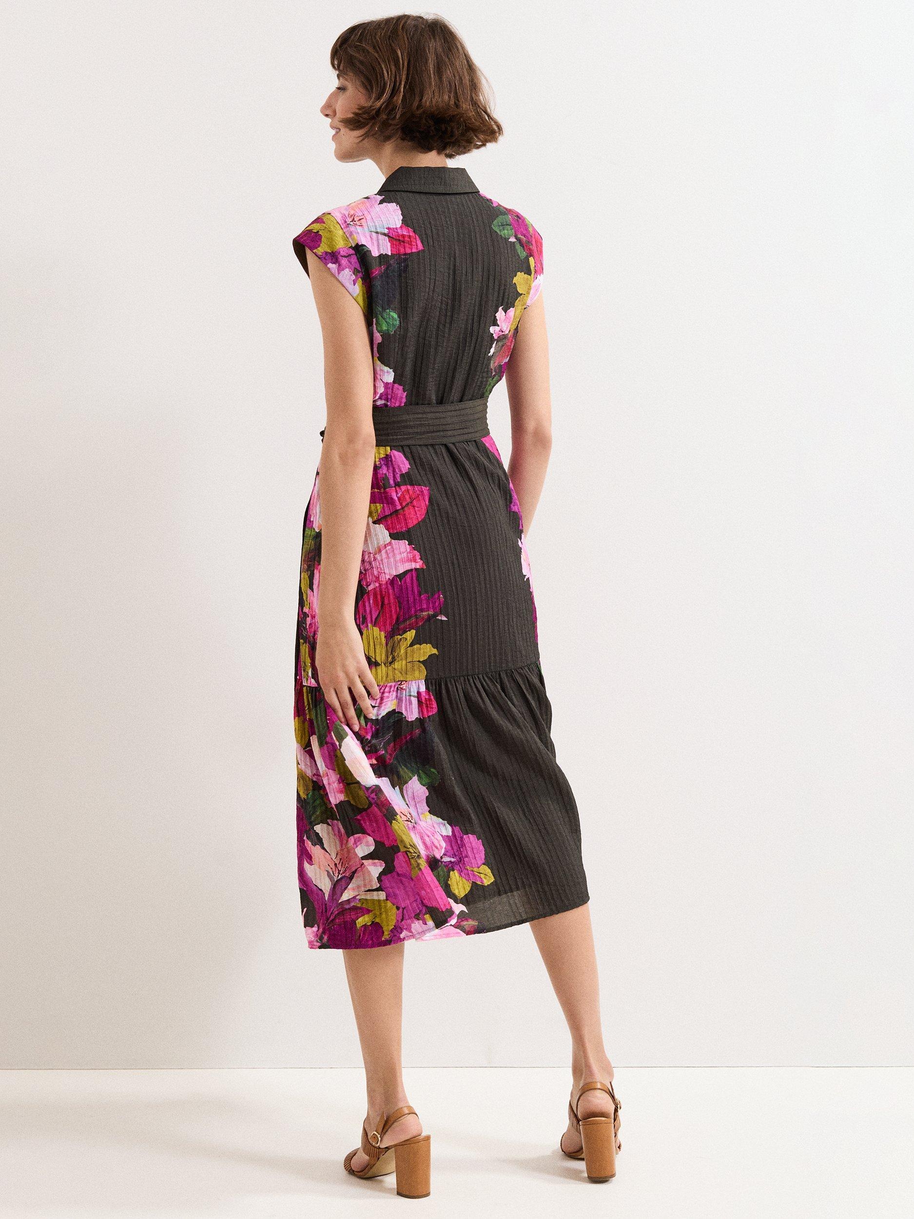 Product image 2 of 9, which shows Phase Eight Floral Tiered Robyn Midi Dress, Khaki/Multi, 10