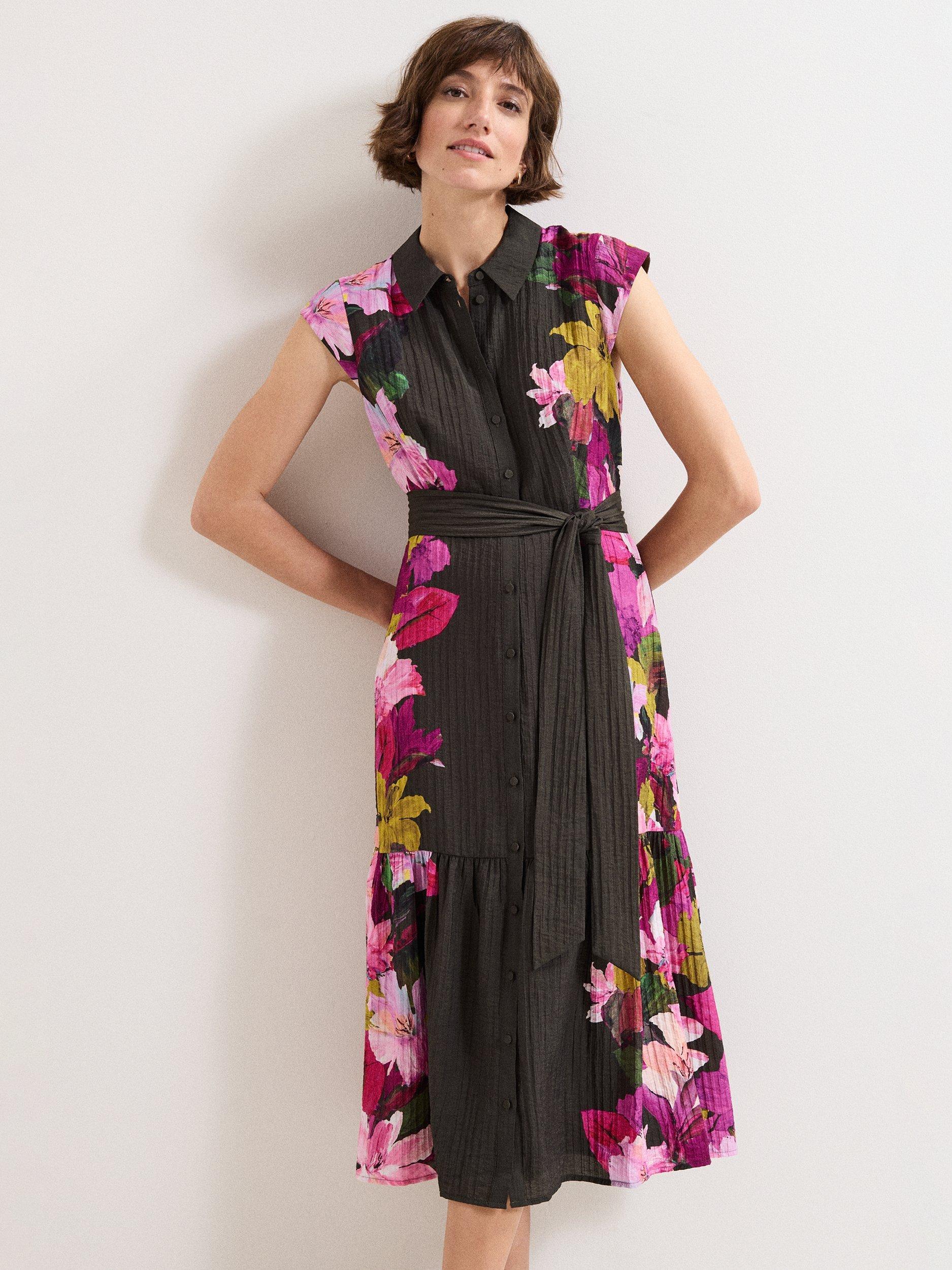 Product image 3 of 9, which shows Phase Eight Floral Tiered Robyn Midi Dress, Khaki/Multi, 10