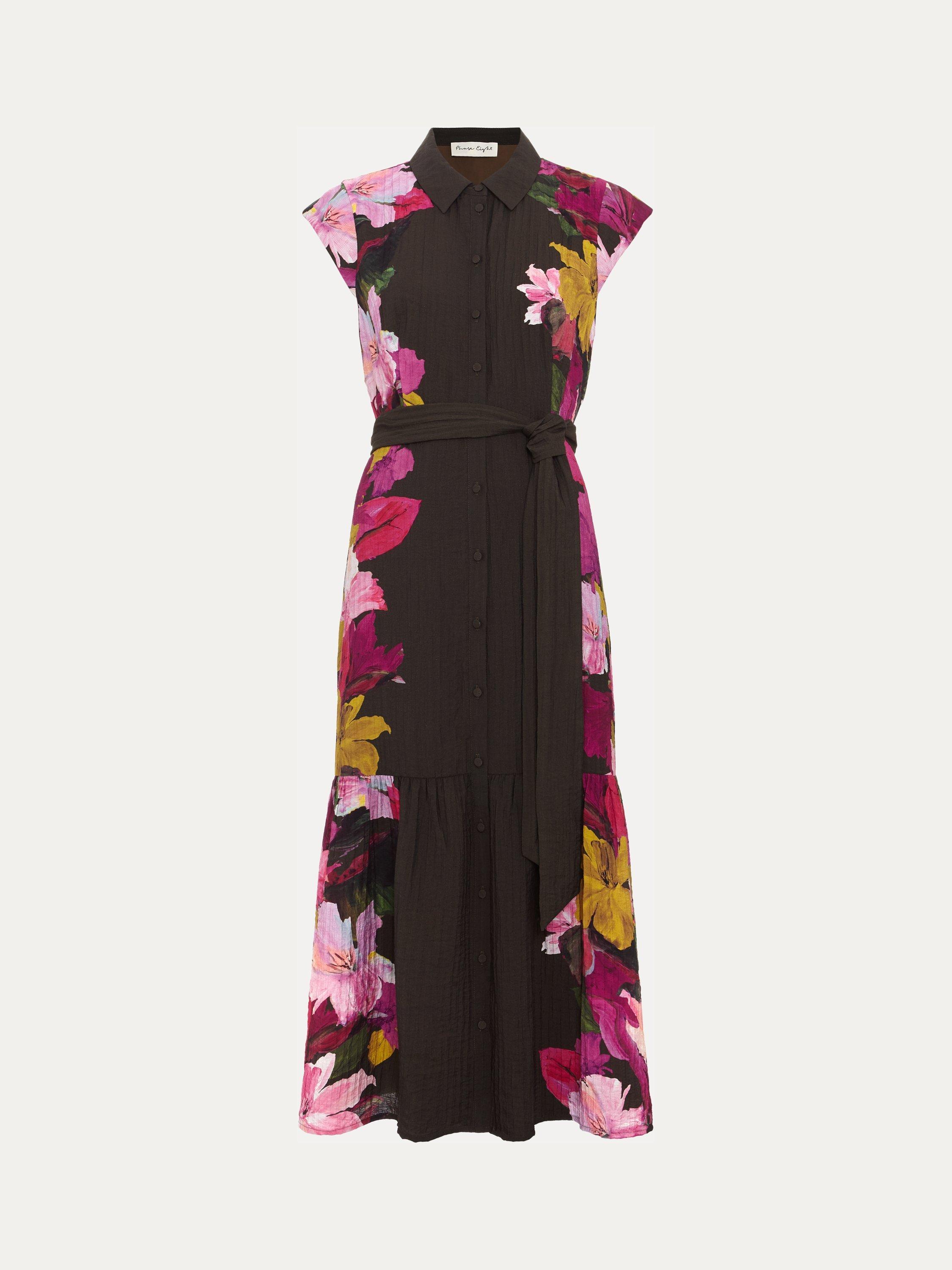 Product image 5 of 9, which shows Phase Eight Floral Tiered Robyn Midi Dress, Khaki/Multi, 10