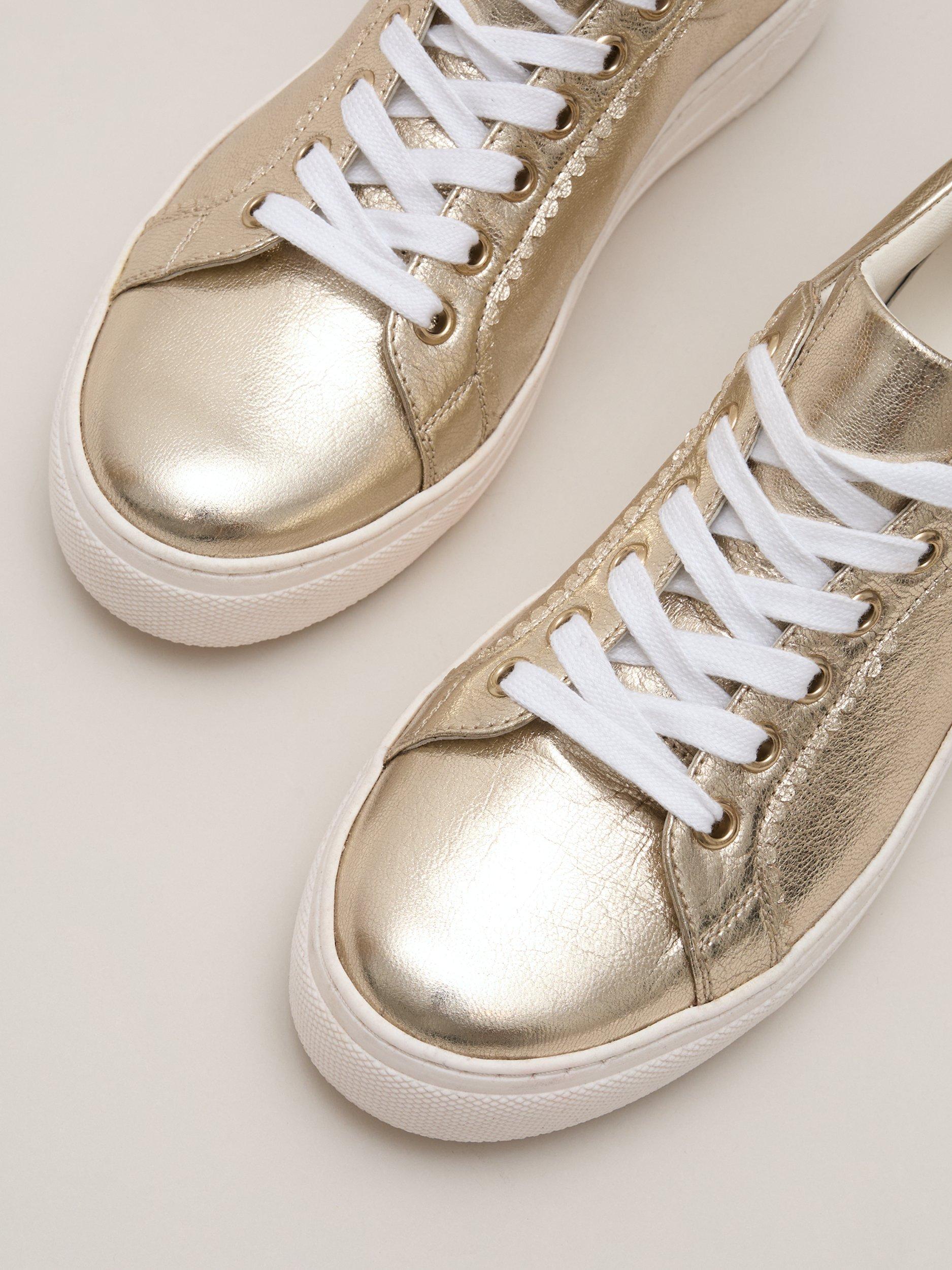 Product image 4 of 9, which shows Phase Eight Lace-Up Metallic Leather Trainers, Gold, 3