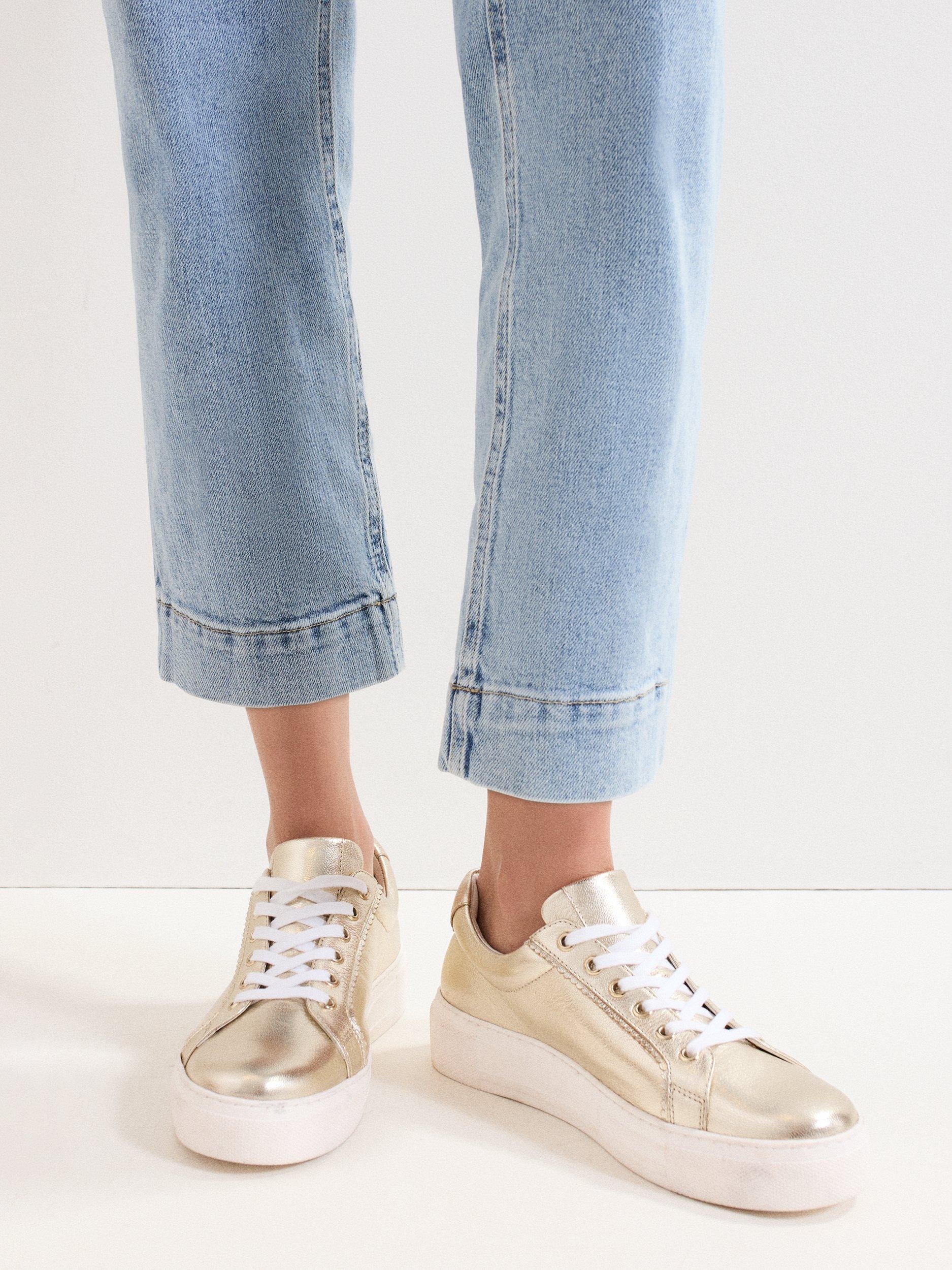 Product image 7 of 9, which shows Phase Eight Lace-Up Metallic Leather Trainers, Gold, 3