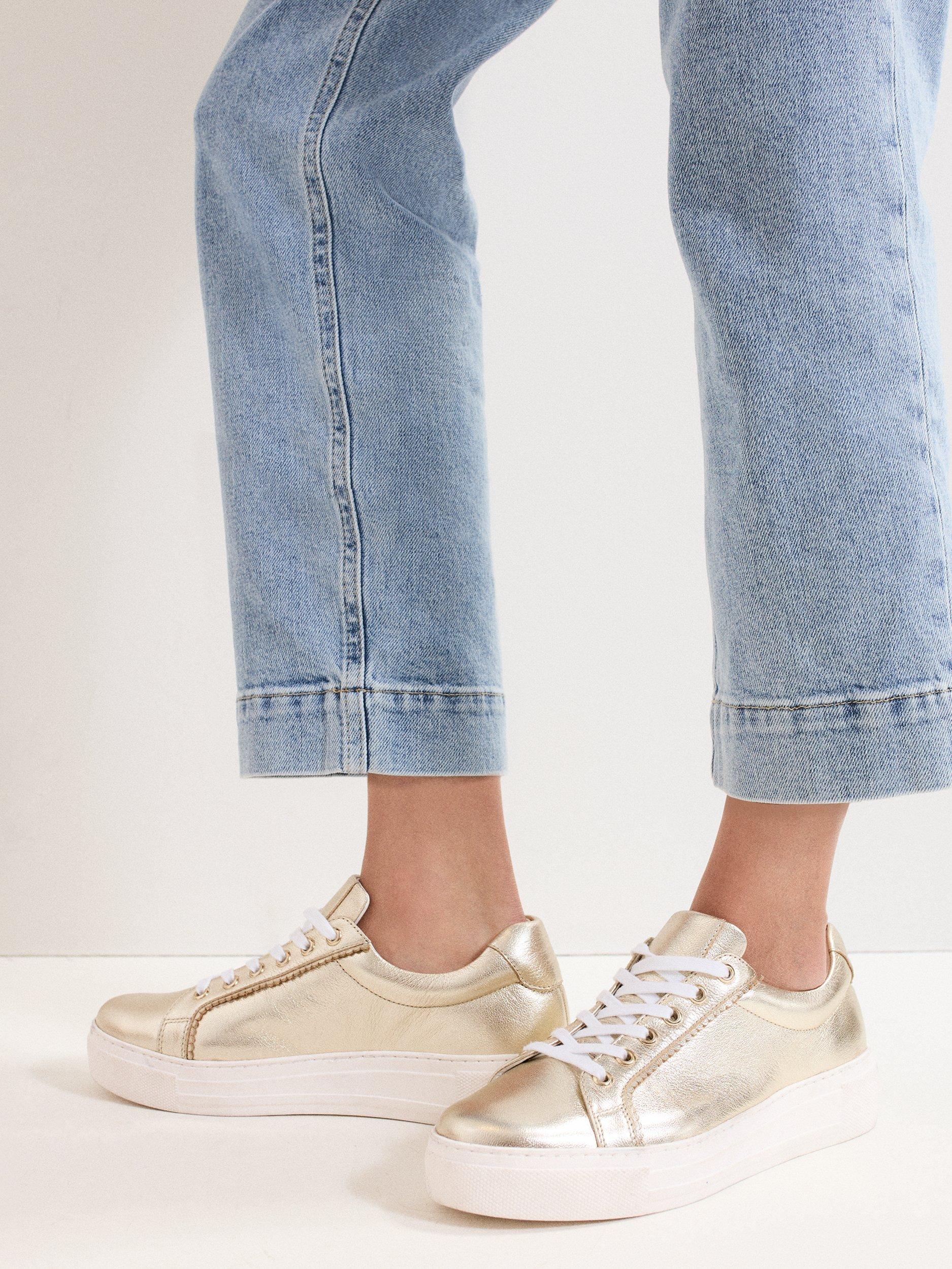 Product image 8 of 9, which shows Phase Eight Lace-Up Metallic Leather Trainers, Gold, 3