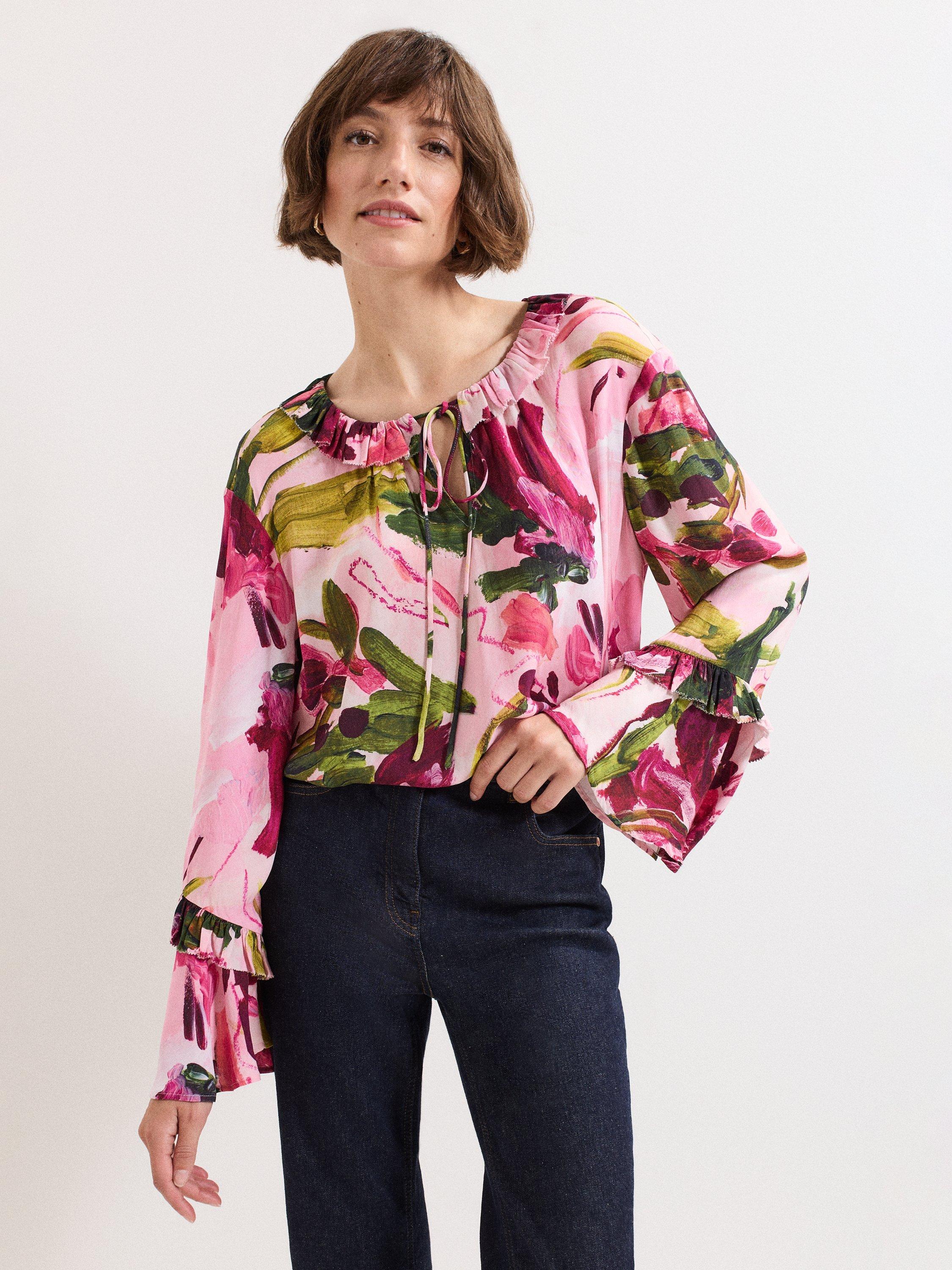 Product image 1 of 7, which shows Phase Eight Petite Fluted Sleeve Floral Blouse, Multi, 6