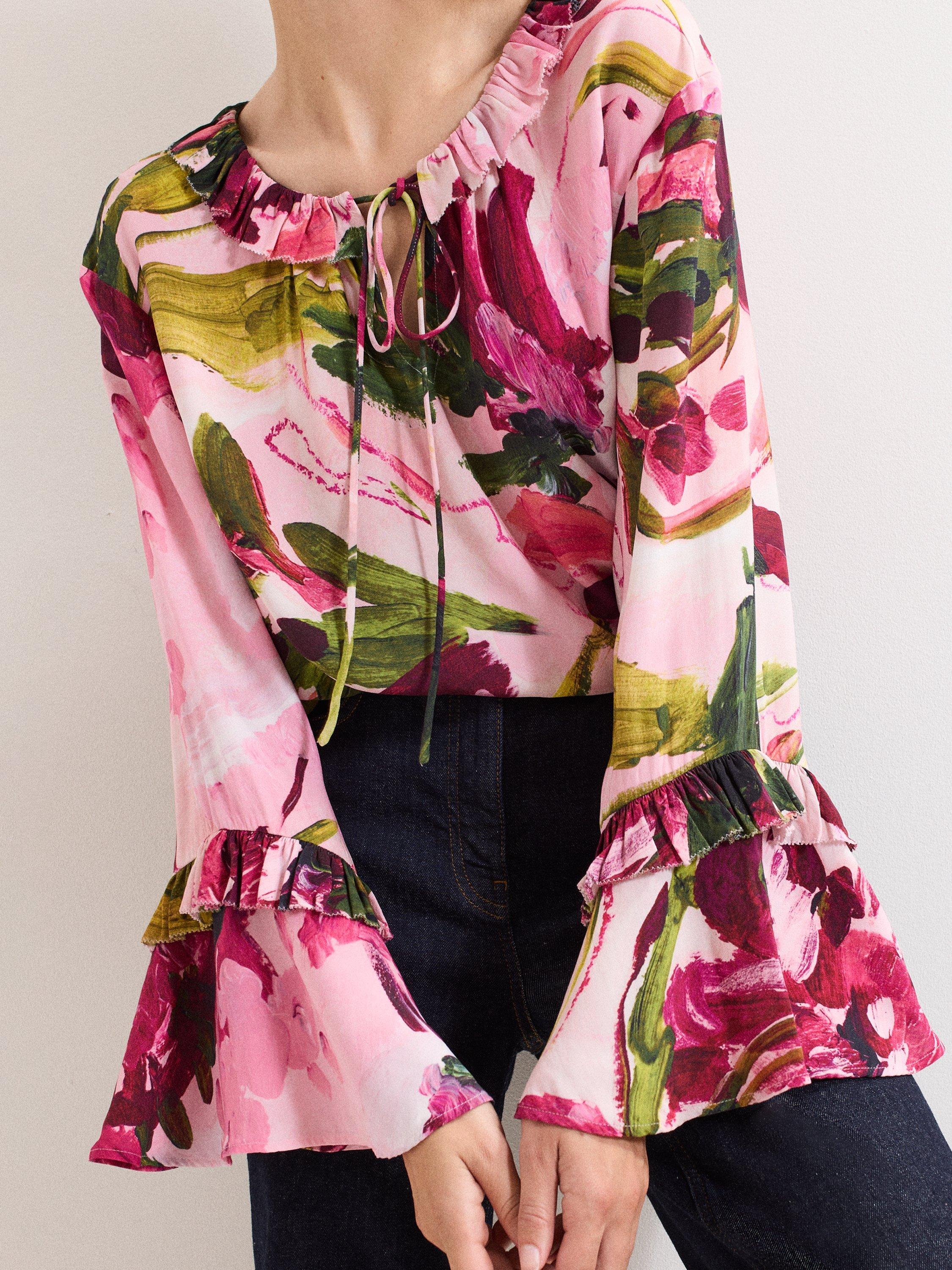 Product image 4 of 7, which shows Phase Eight Petite Fluted Sleeve Floral Blouse, Multi, 6