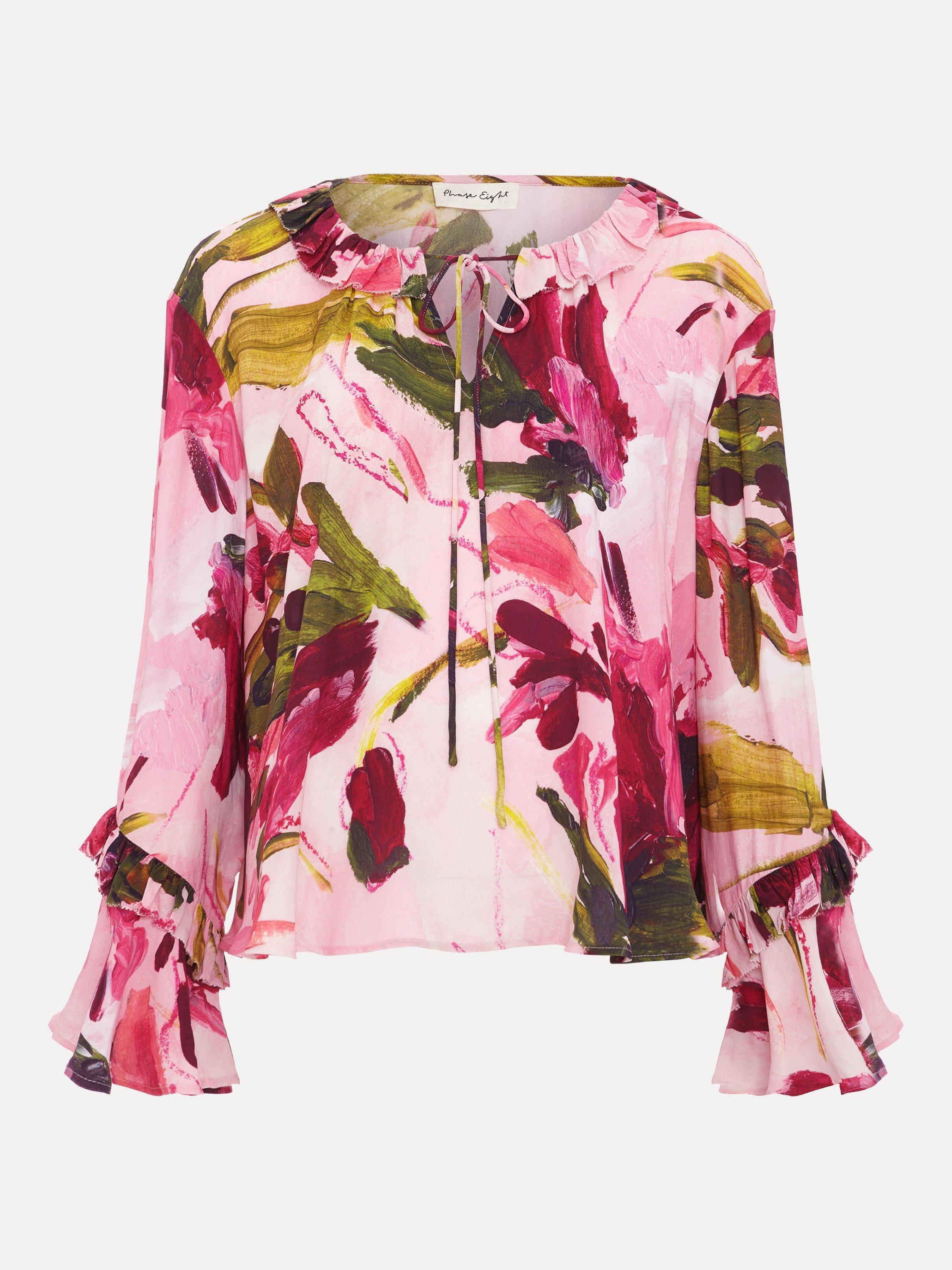 Product image 5 of 7, which shows Phase Eight Petite Fluted Sleeve Floral Blouse, Multi, 6