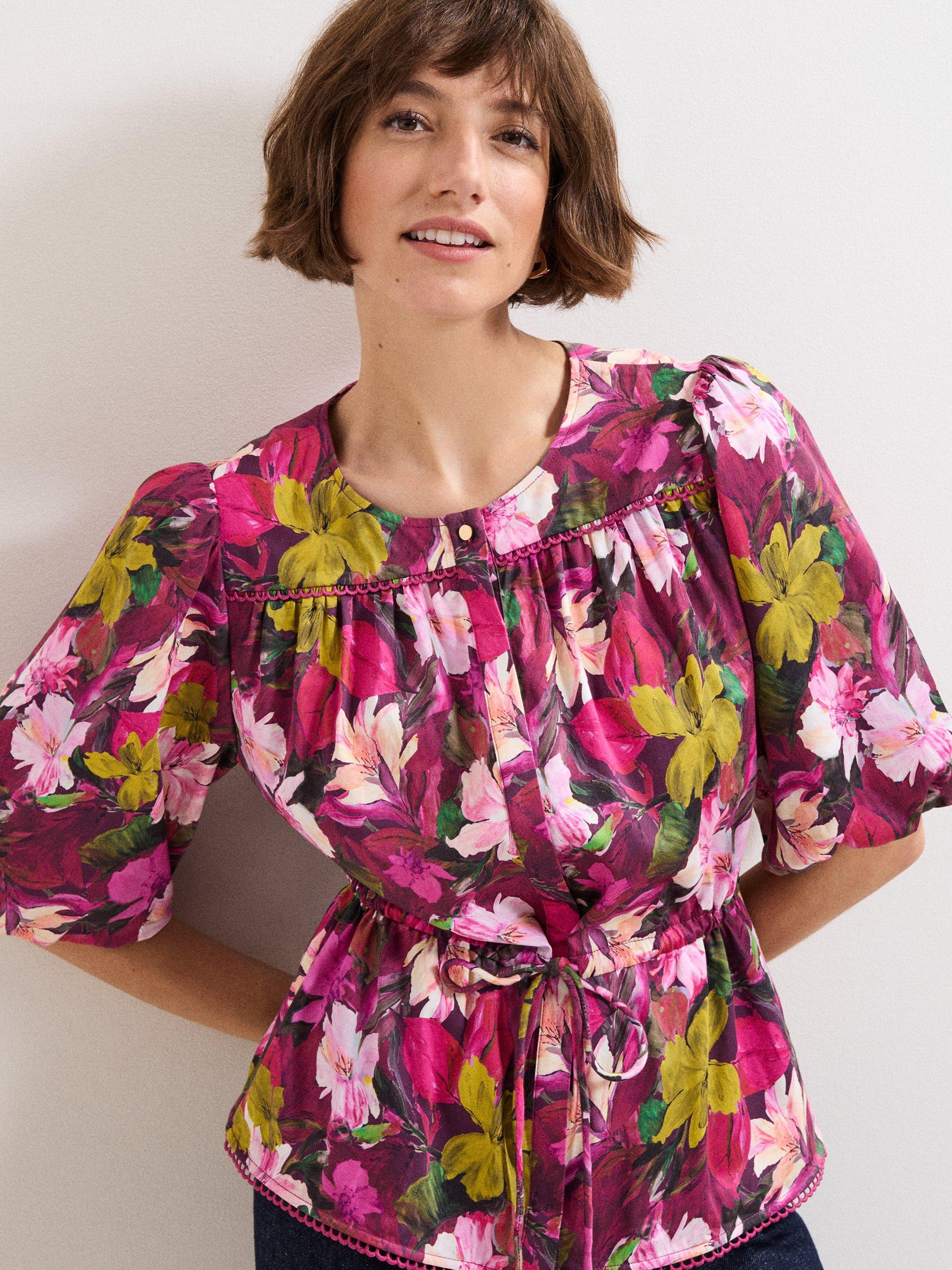 Product image 4 of 8, which shows Phase Eight Pia Short Sleeve Floral Cotton Blend Blouse, Multi, 8