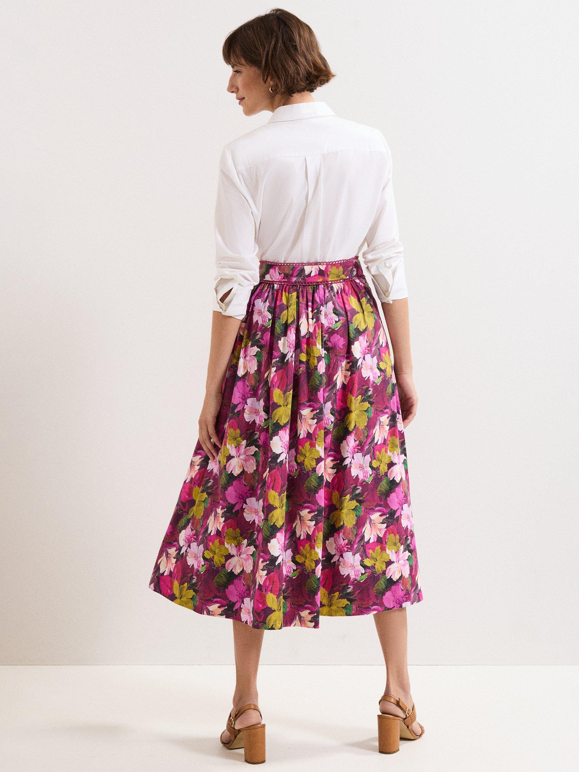 Product image 2 of 8, which shows Phase Eight Arina Floral Midi Skirt, Pink, 8