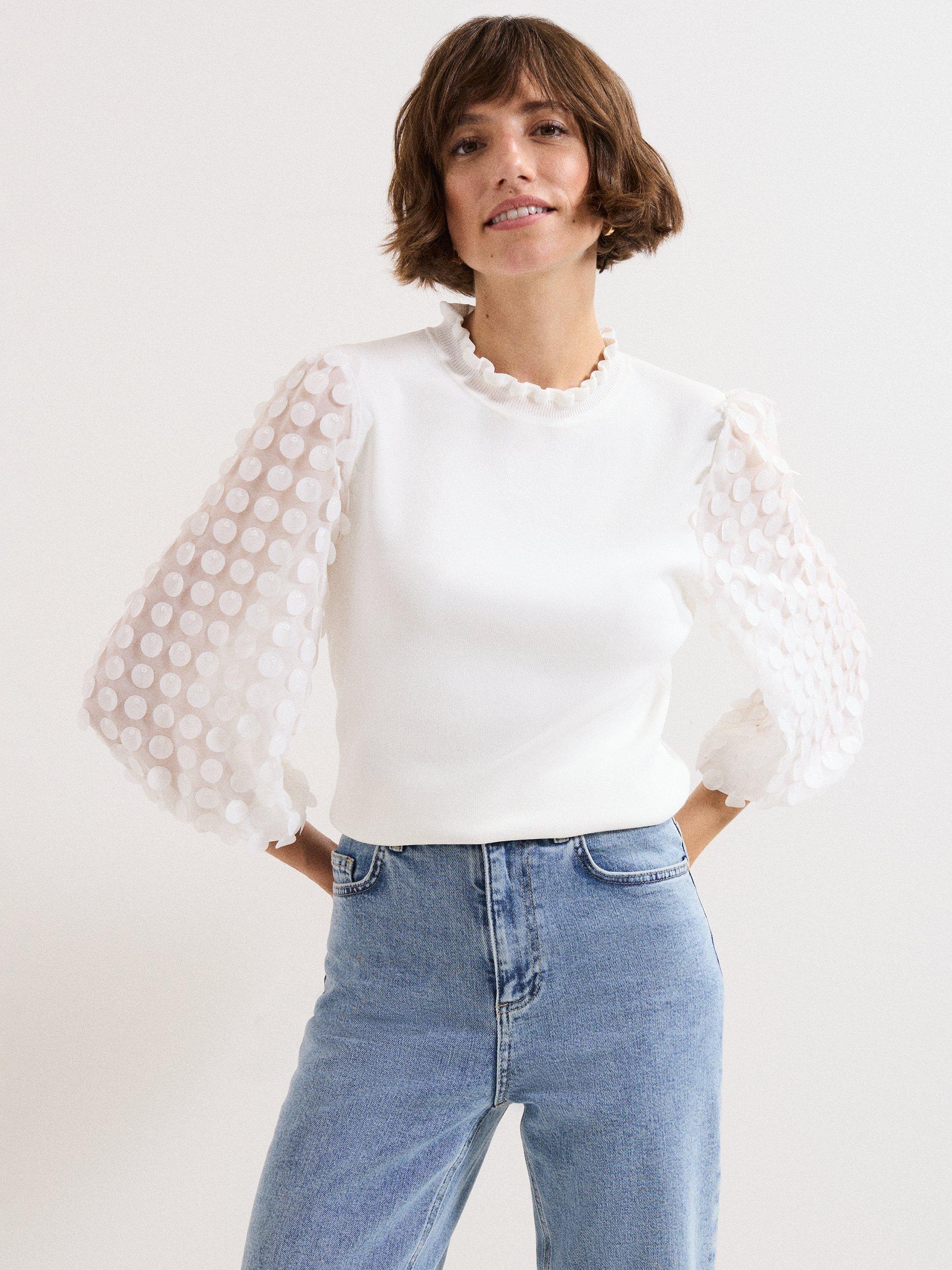 Product image 1 of 7, which shows Phase Eight Shelly Crew Neck Polka Dot Fine Knit Jumper, Ivory, XS