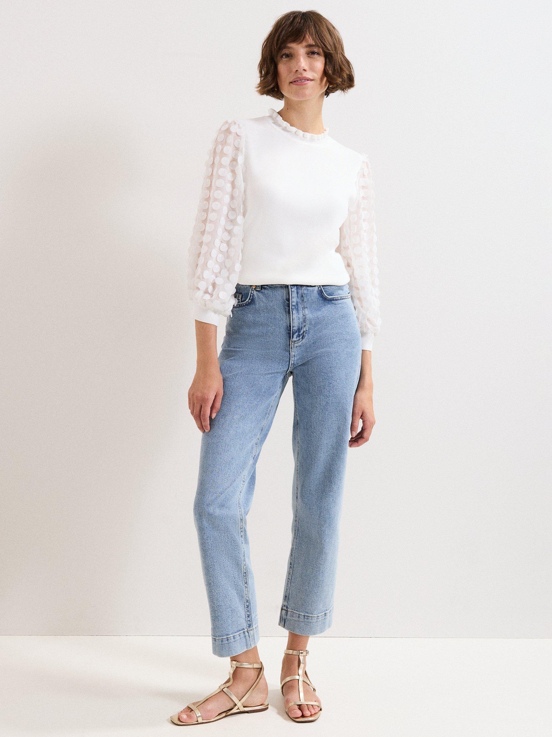 Product image 3 of 7, which shows Phase Eight Shelly Crew Neck Polka Dot Fine Knit Jumper, Ivory, XS