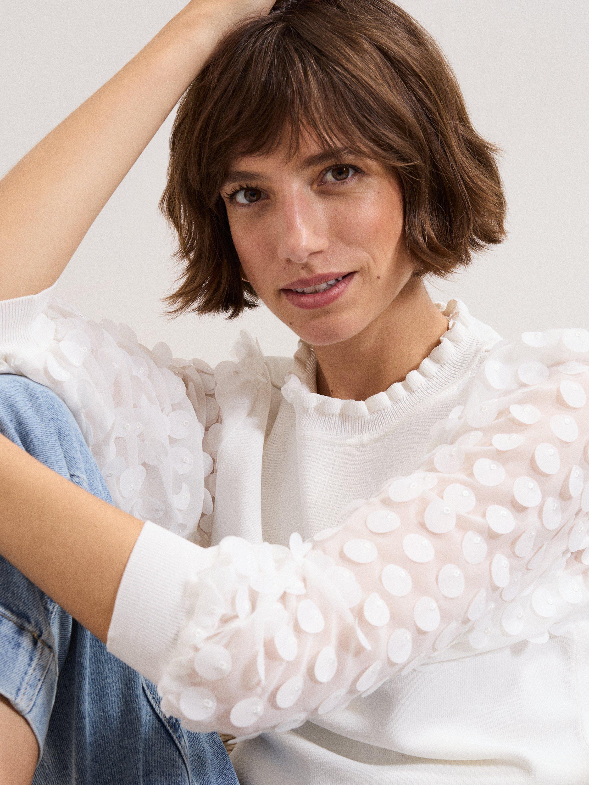 Product image 4 of 7, which shows Phase Eight Shelly Crew Neck Polka Dot Fine Knit Jumper, Ivory, XS