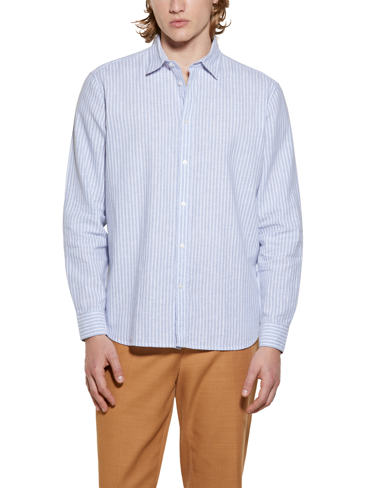 Product image 1 of 5, which shows SISLEY Linen Blend Regular Fit Stripe Shirt, White, S