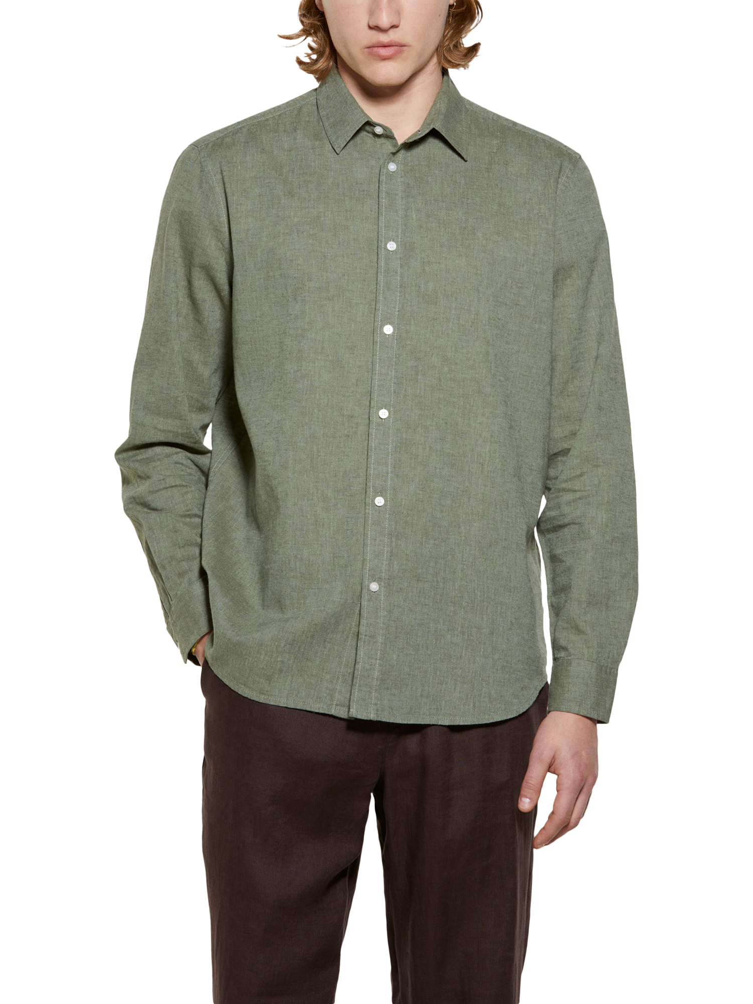 Product image 1 of 5, which shows SISLEY Linen Blend Regular Fit Shirt, Green, S