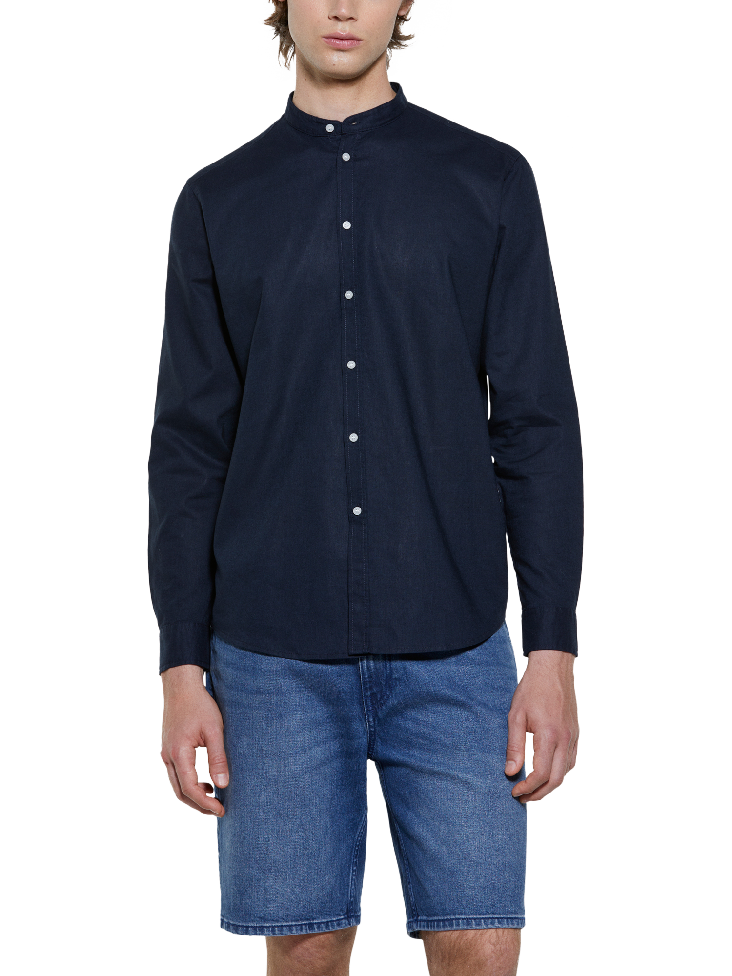 Product image 1 of 5, which shows SISLEY Linen Cotton Blend Mandarin Collar Shirt, Blue, S