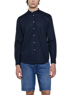 SISLEY Linen Cotton Blend Mandarin Collar Shirt, Blue, Blue