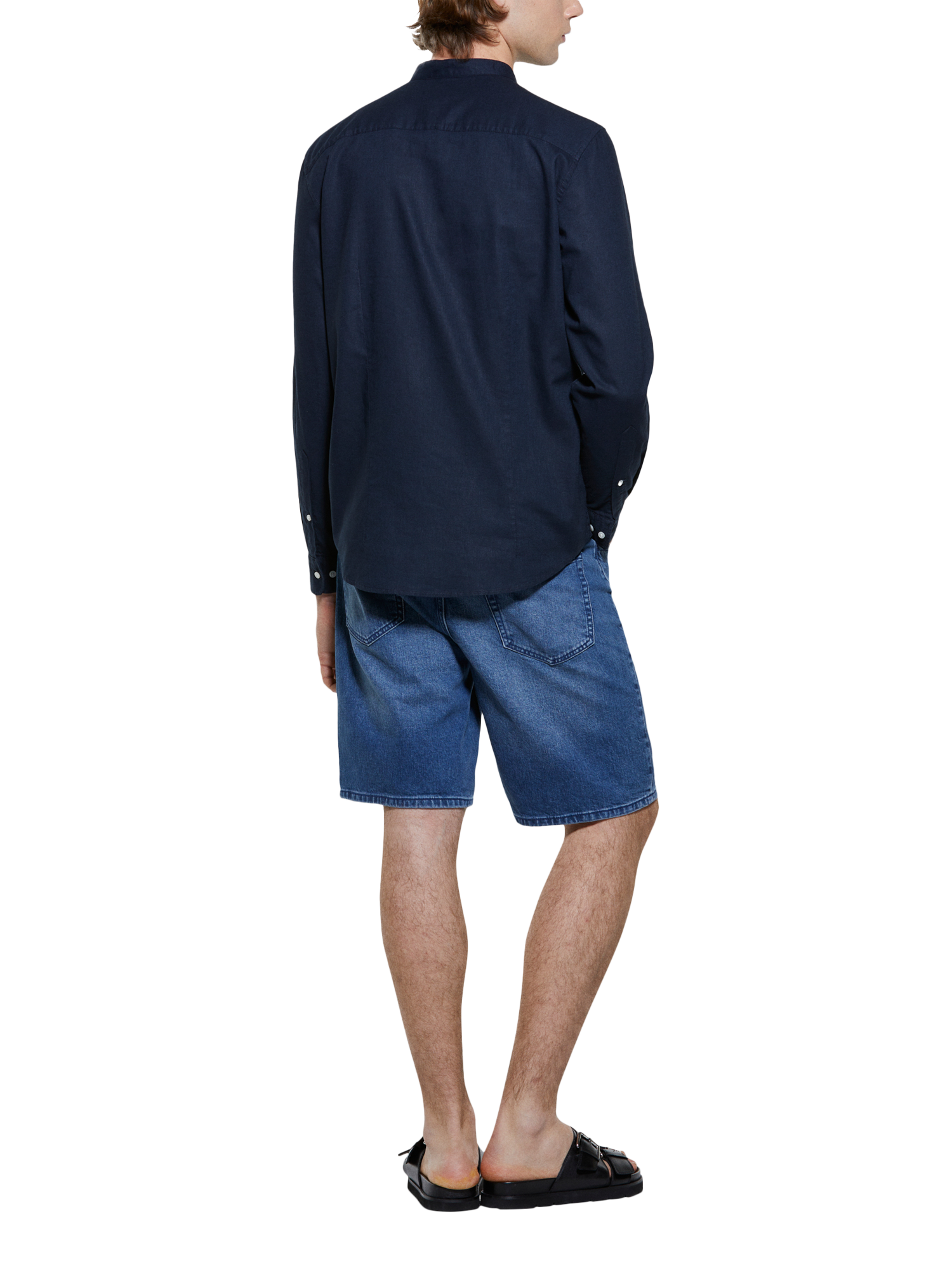 Product image 2 of 5, which shows SISLEY Linen Cotton Blend Mandarin Collar Shirt, Blue, S