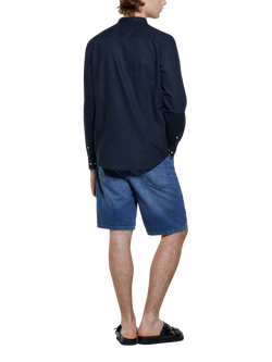 SISLEY Linen Cotton Blend Mandarin Collar Shirt, Blue - view 2, Blue