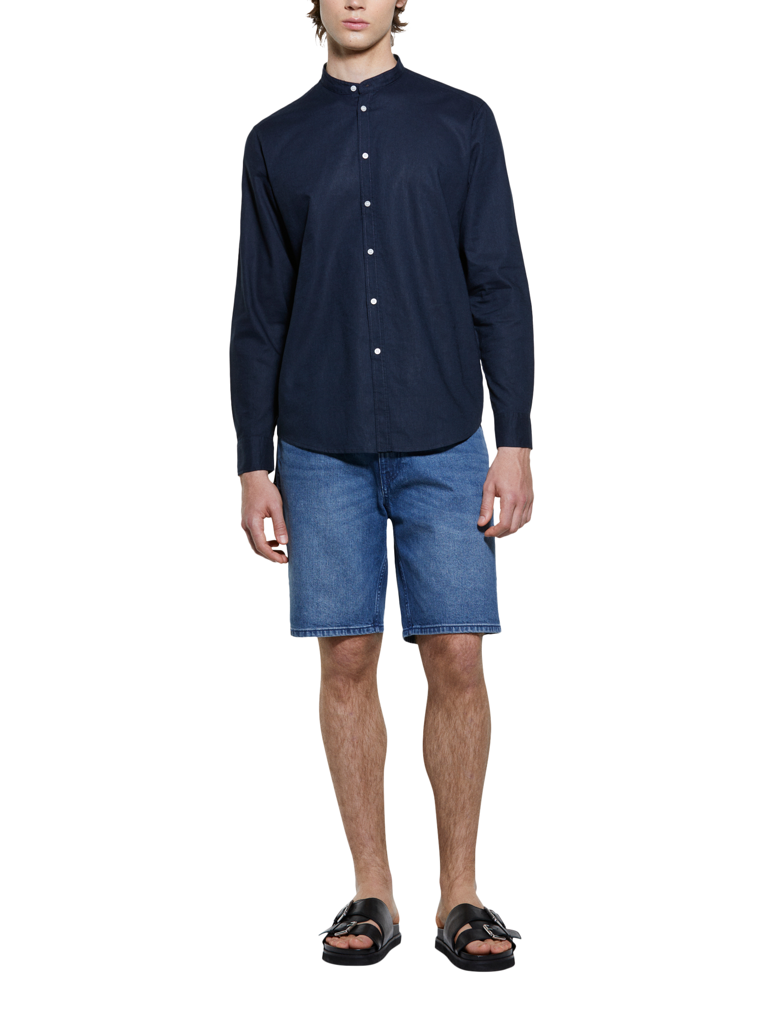 Product image 3 of 5, which shows SISLEY Linen Cotton Blend Mandarin Collar Shirt, Blue, S