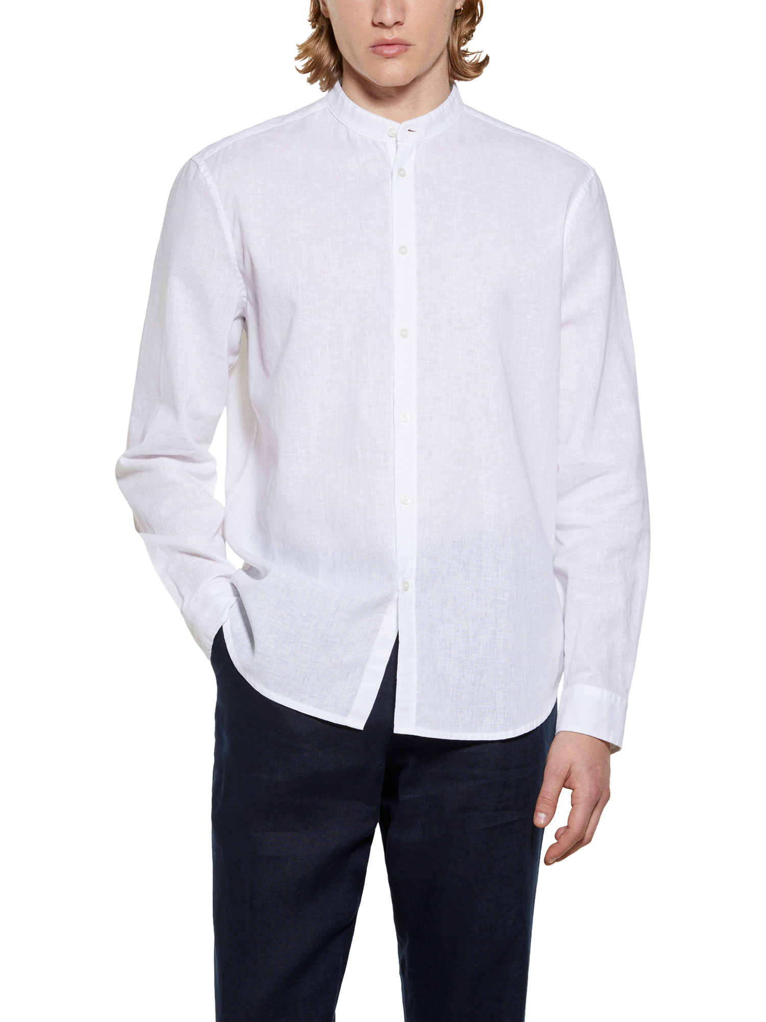 Product image 1 of 5, which shows SISLEY Linen Blend Regular Fit Mandarin Collar Shirt, White, S