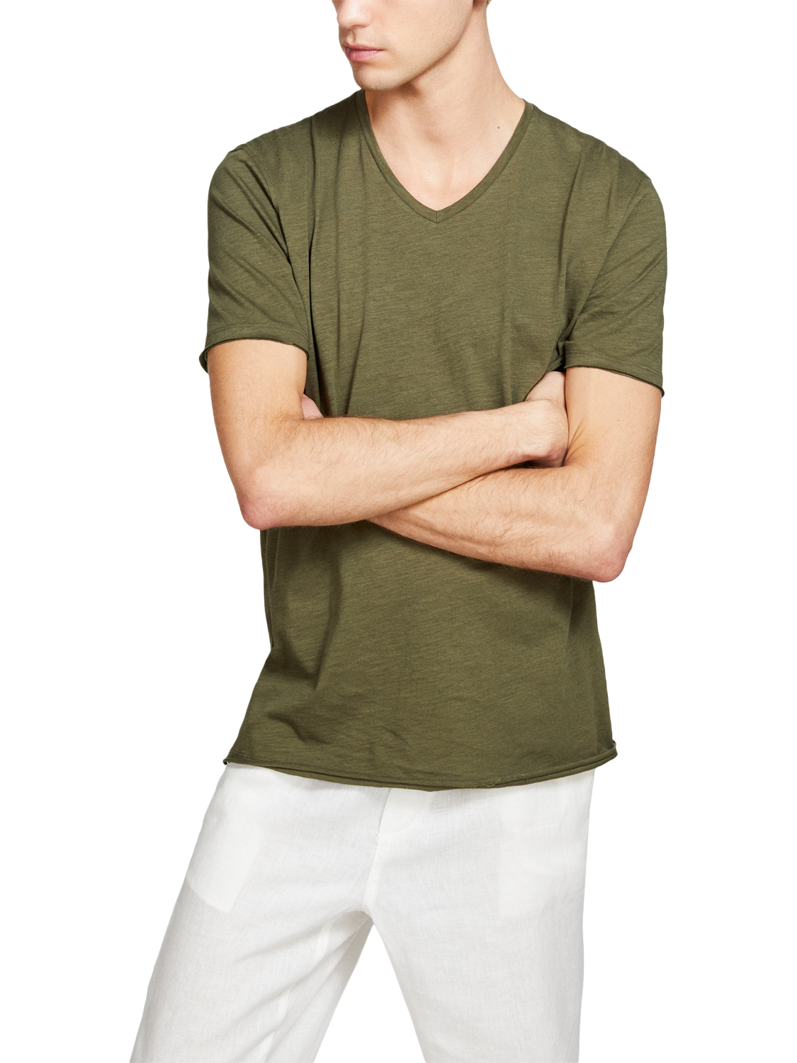Product image 1 of 5, which shows SISLEY Slim Fit Cotton Short Sleeve V-Neck T-Shirt, Green, S