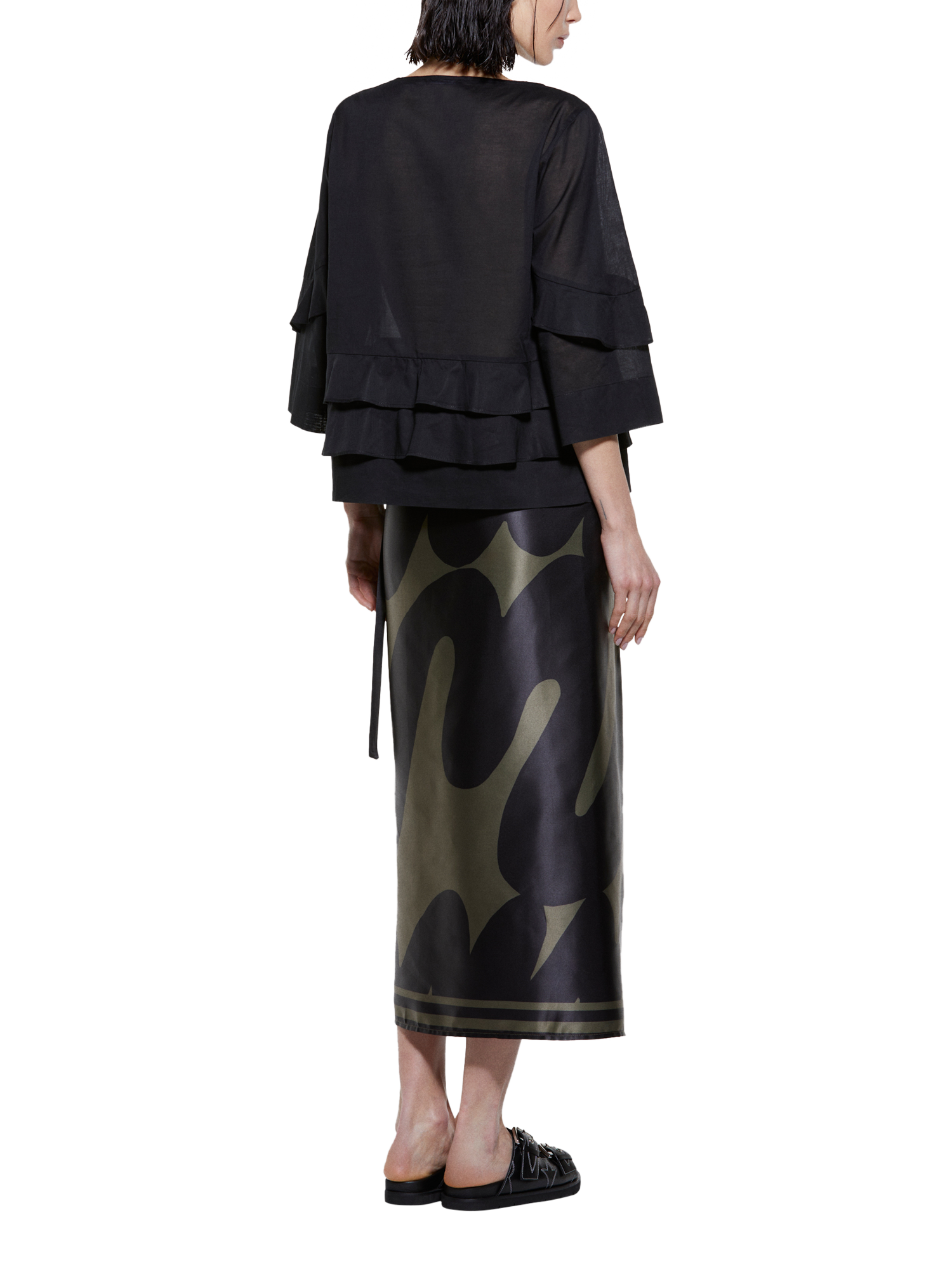 Product image 2 of 5, which shows SISLEY Frill 3/4 Sleeve Round Neck Cotton Blouse, Black, XS