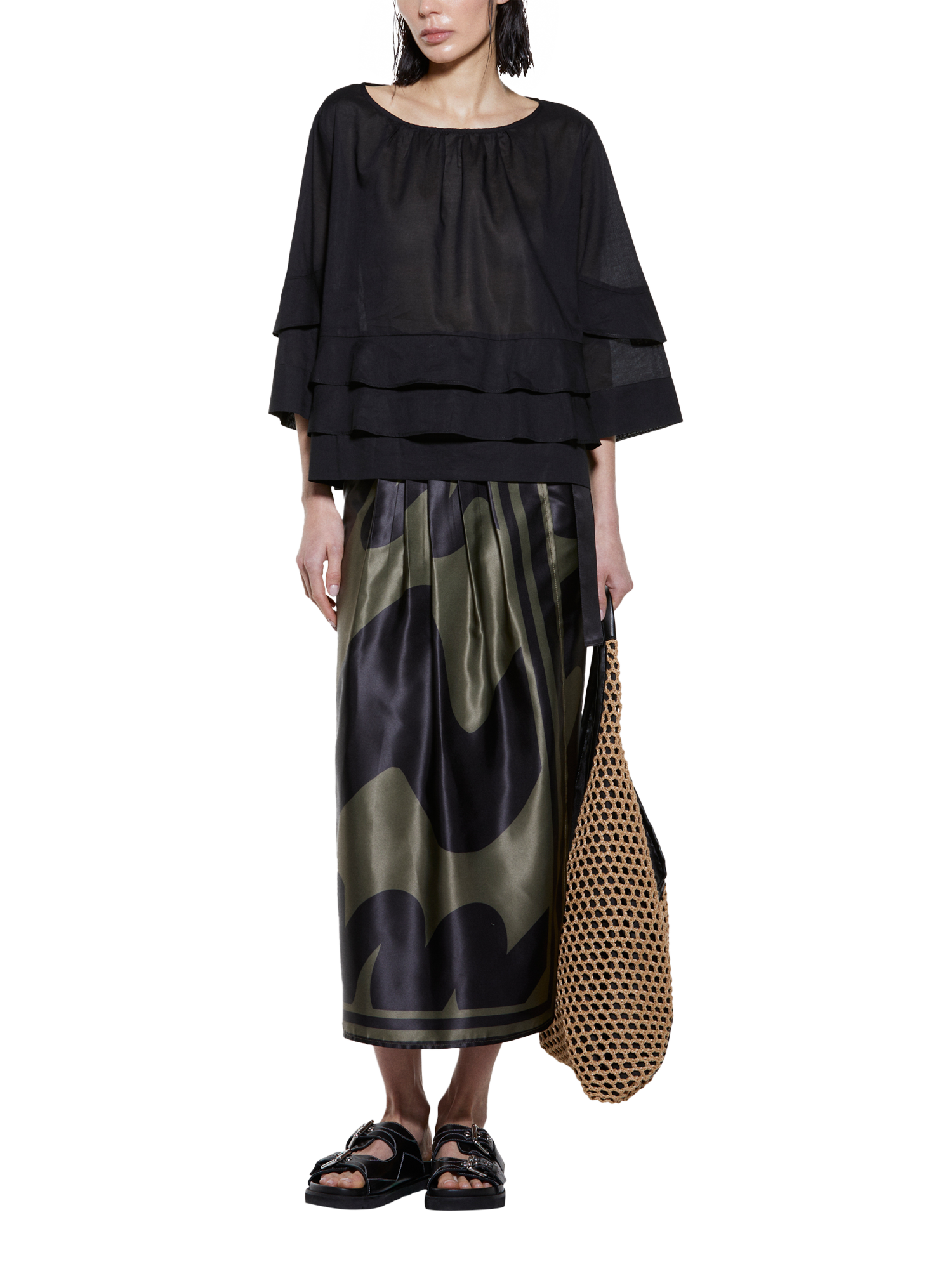 Product image 3 of 5, which shows SISLEY Frill 3/4 Sleeve Round Neck Cotton Blouse, Black, XS