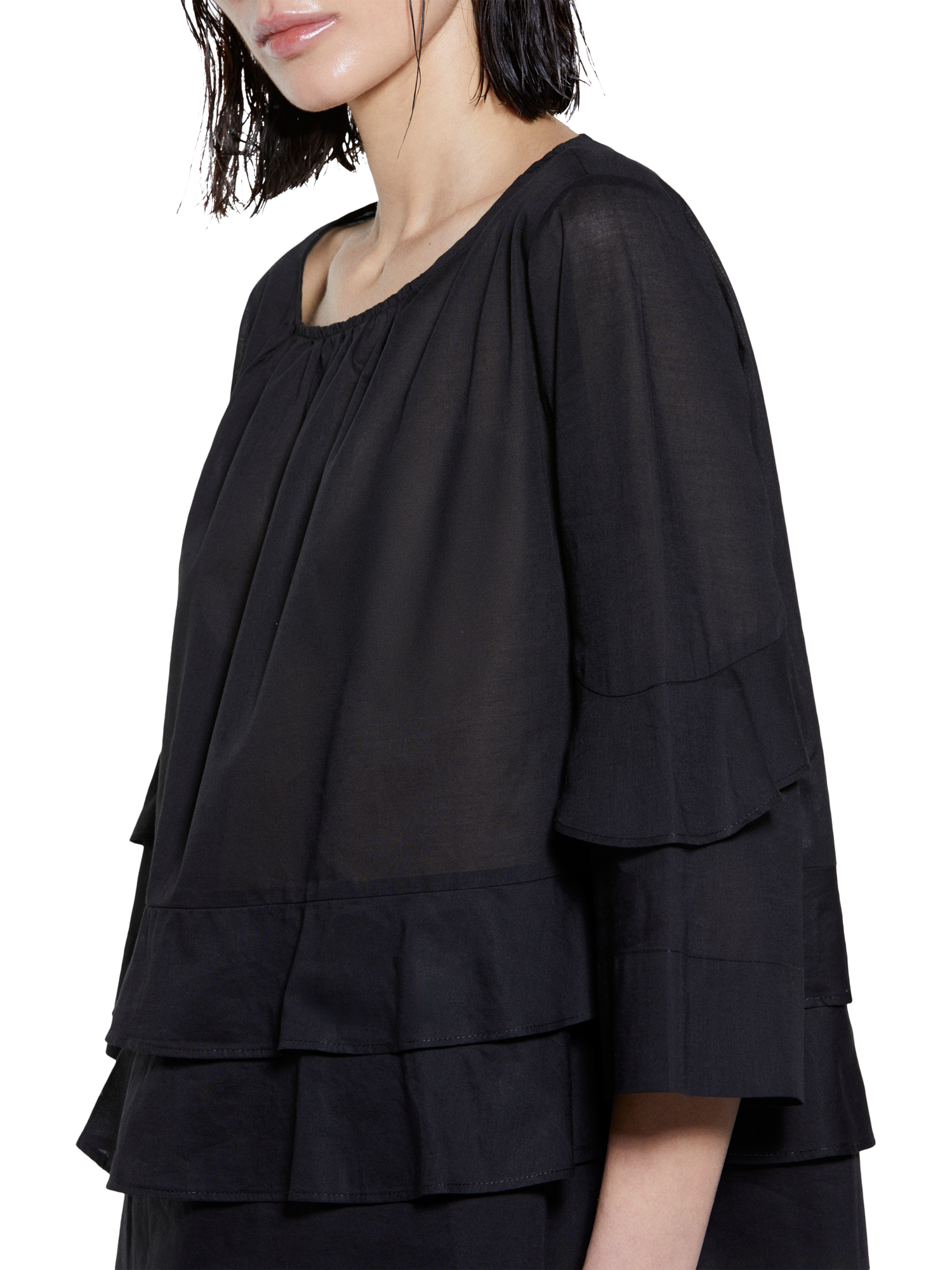 Product image 4 of 5, which shows SISLEY Frill 3/4 Sleeve Round Neck Cotton Blouse, Black, XS