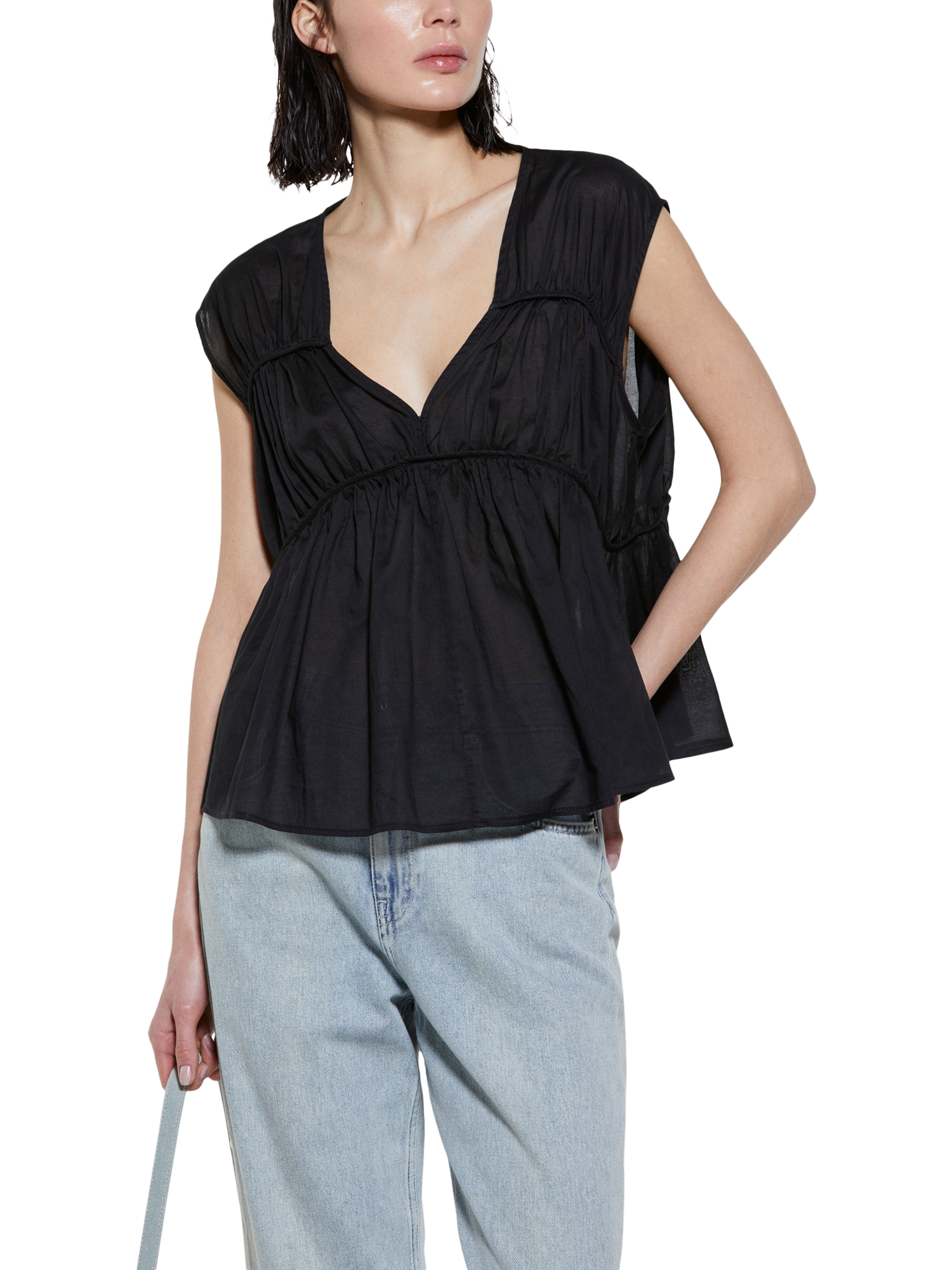 Product image 1 of 5, which shows SISLEY Sleeveless V-Neck Gathered Cotton Blouse, Black, S