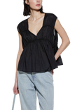 SISLEY Sleeveless V-Neck Gathered Cotton Blouse