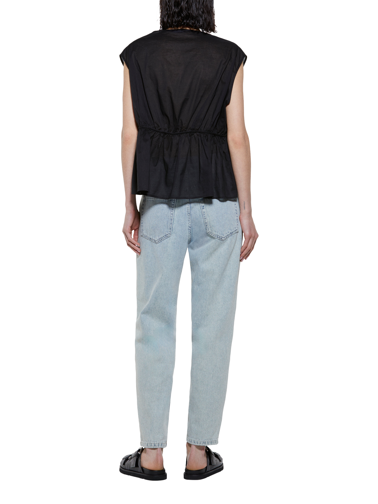Product image 2 of 5, which shows SISLEY Sleeveless V-Neck Gathered Cotton Blouse, Black, S