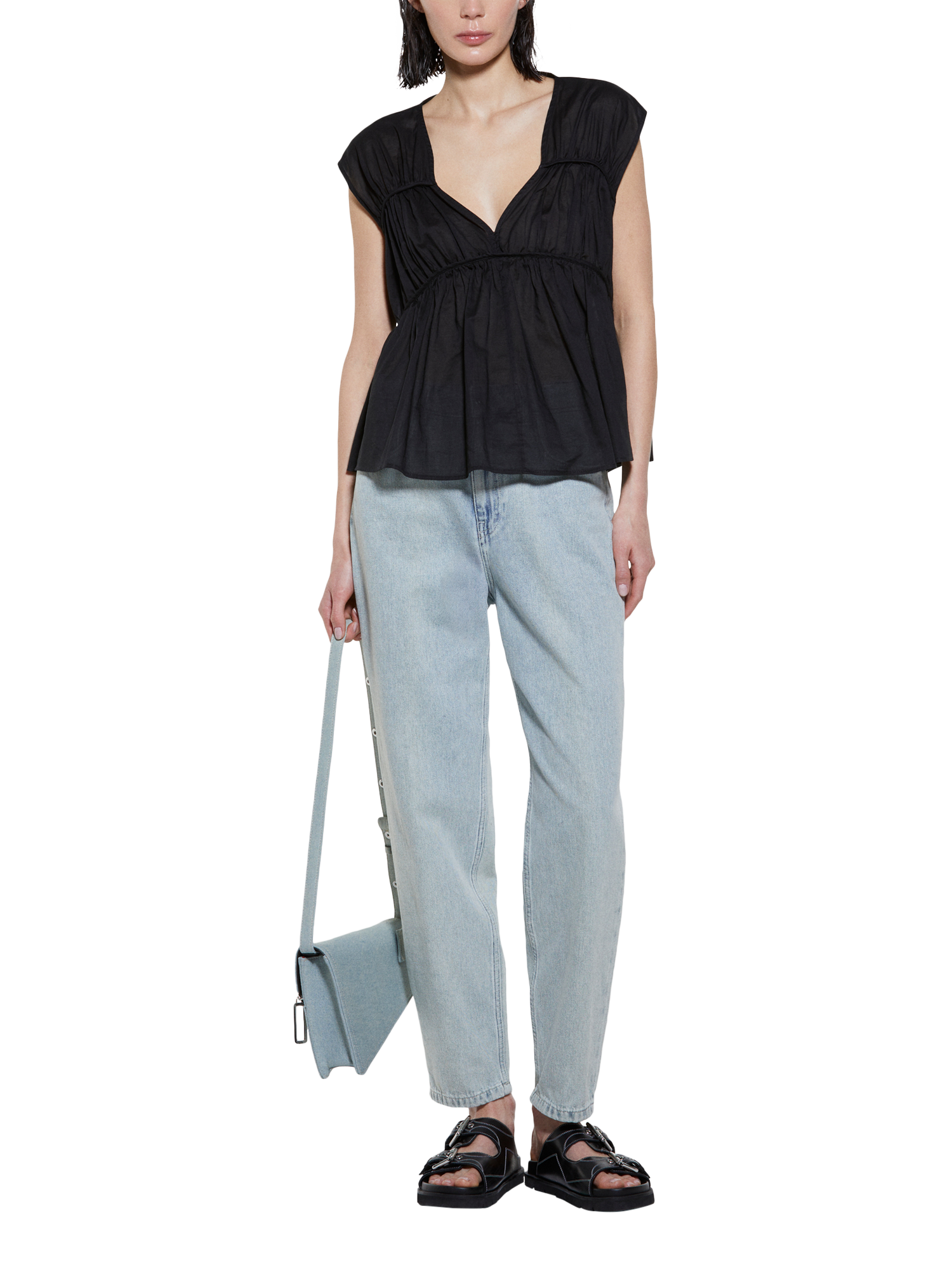 Product image 3 of 5, which shows SISLEY Sleeveless V-Neck Gathered Cotton Blouse, Black, S
