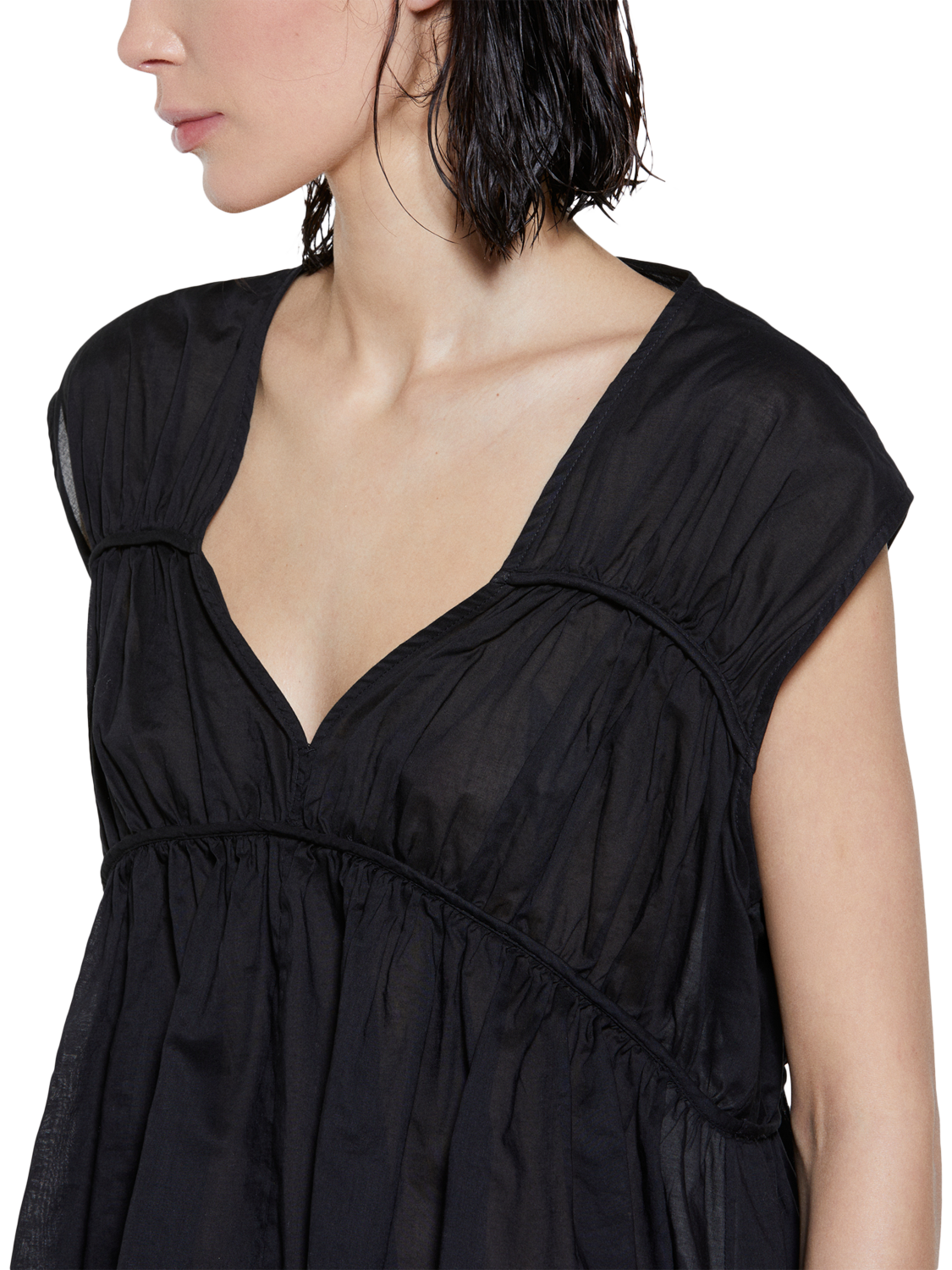 Product image 4 of 5, which shows SISLEY Sleeveless V-Neck Gathered Cotton Blouse, Black, S