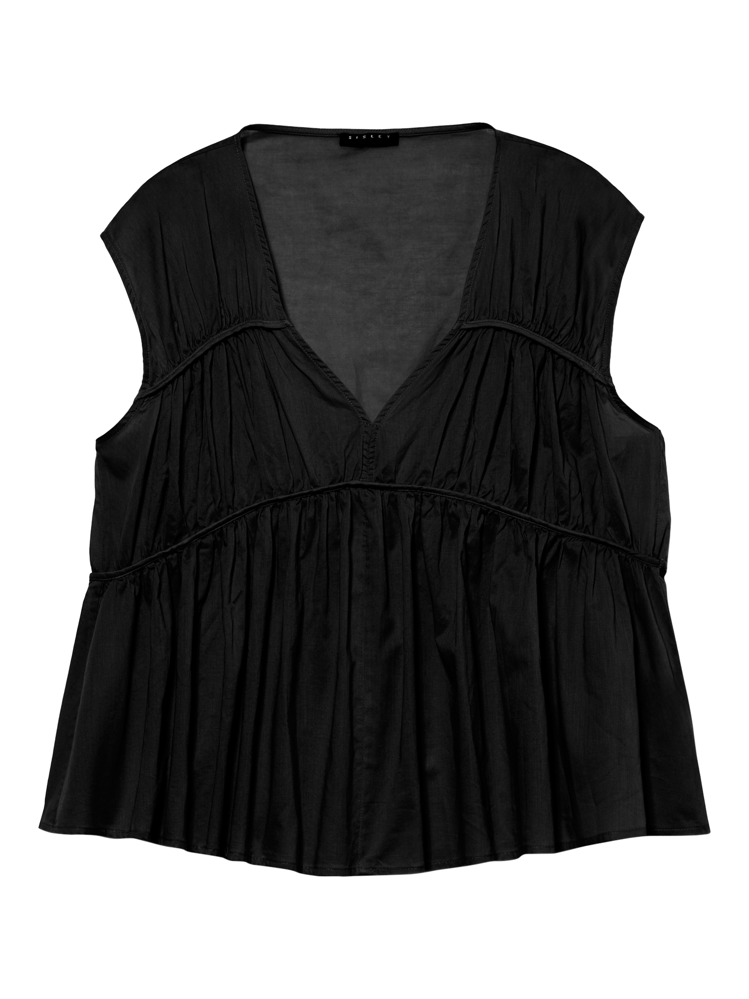 Product image 5 of 5, which shows SISLEY Sleeveless V-Neck Gathered Cotton Blouse, Black, S